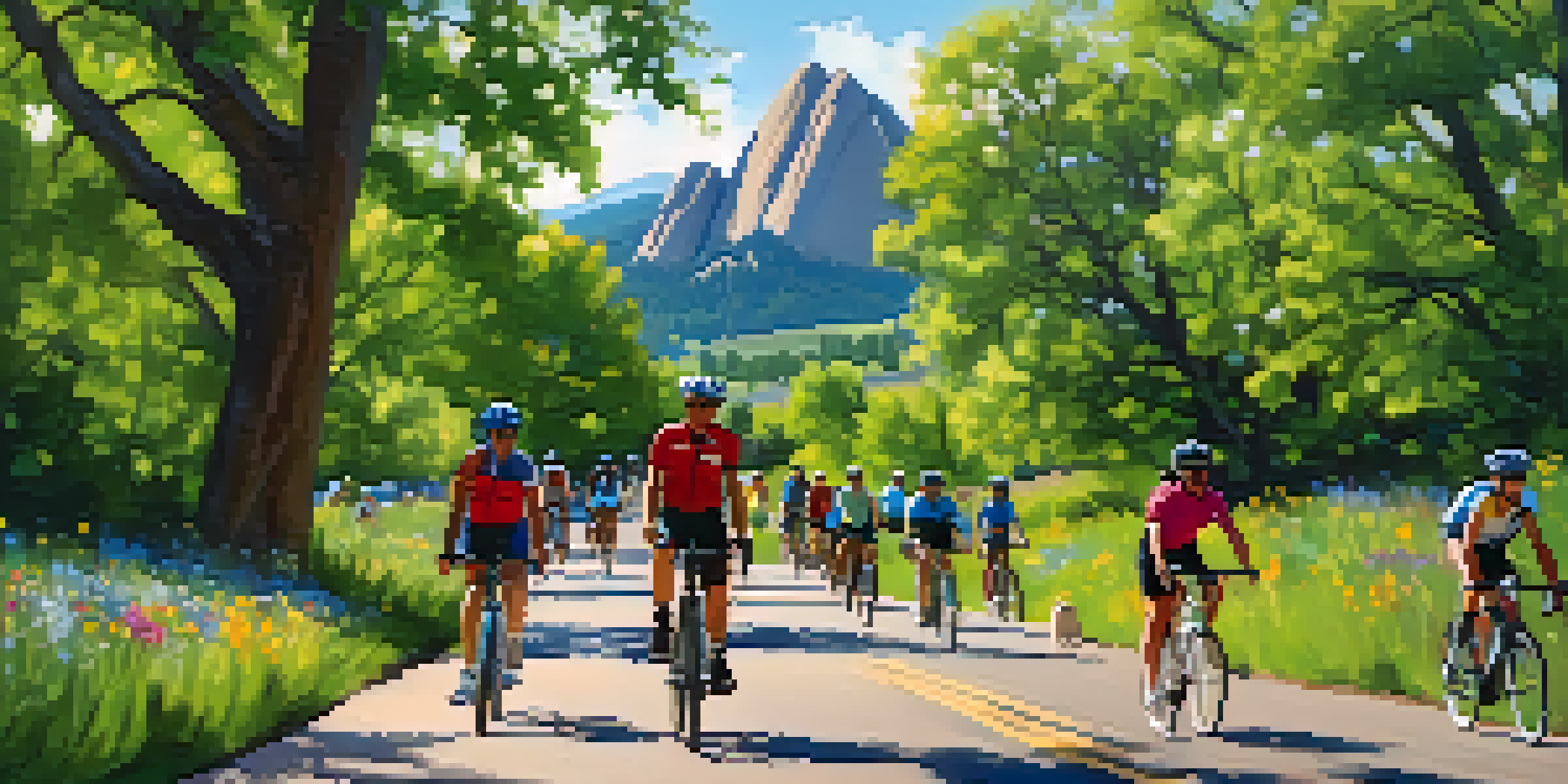 A picturesque landscape of Boulder, Colorado, showcasing the Flatirons with cyclists enjoying a ride along Boulder Creek, surrounded by nature.