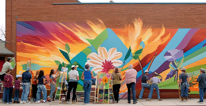 A group of local artists collaborating on a colorful mural, with various designs representing community stories, under warm sunlight.