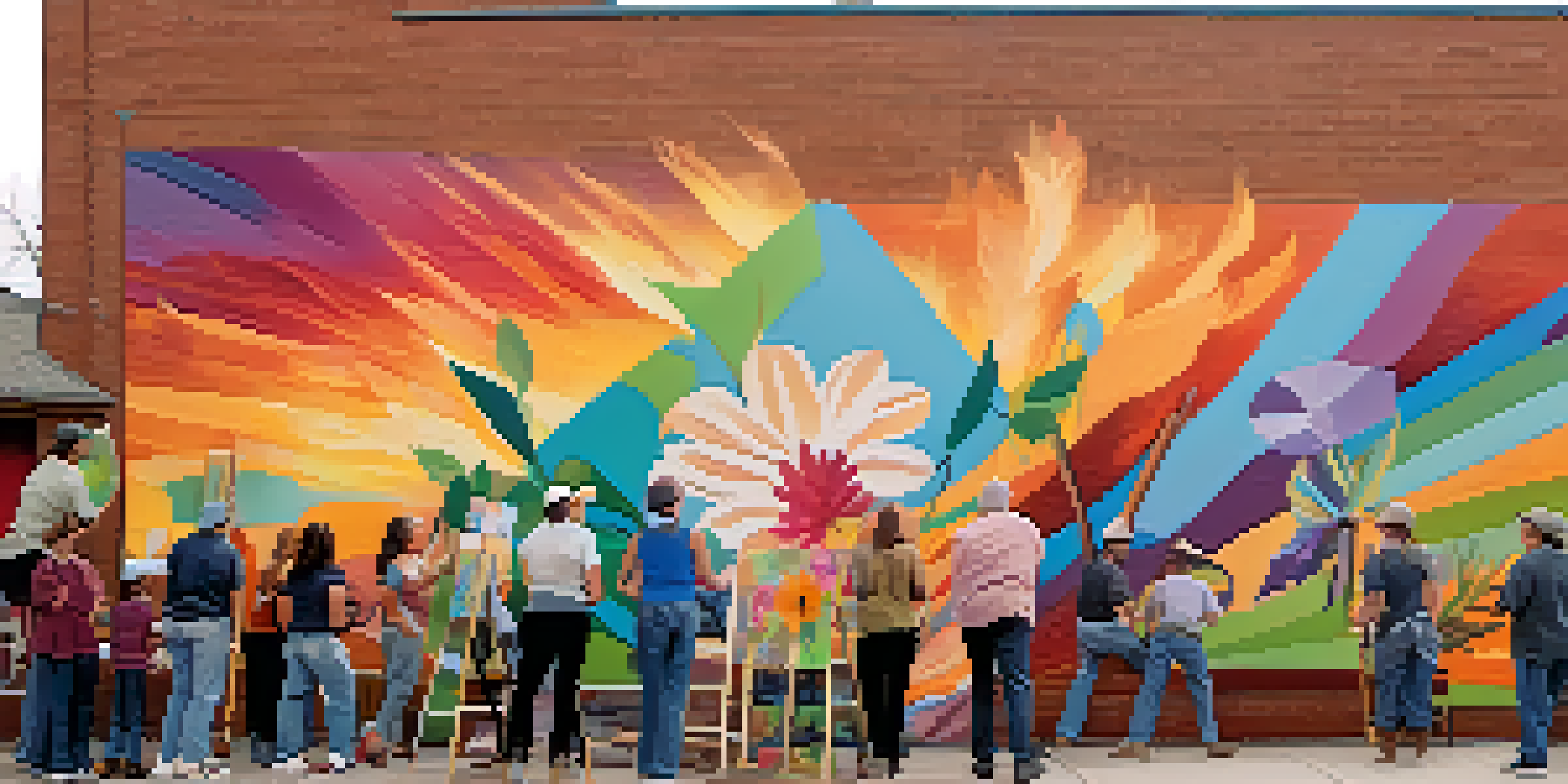 A group of local artists collaborating on a colorful mural, with various designs representing community stories, under warm sunlight.
