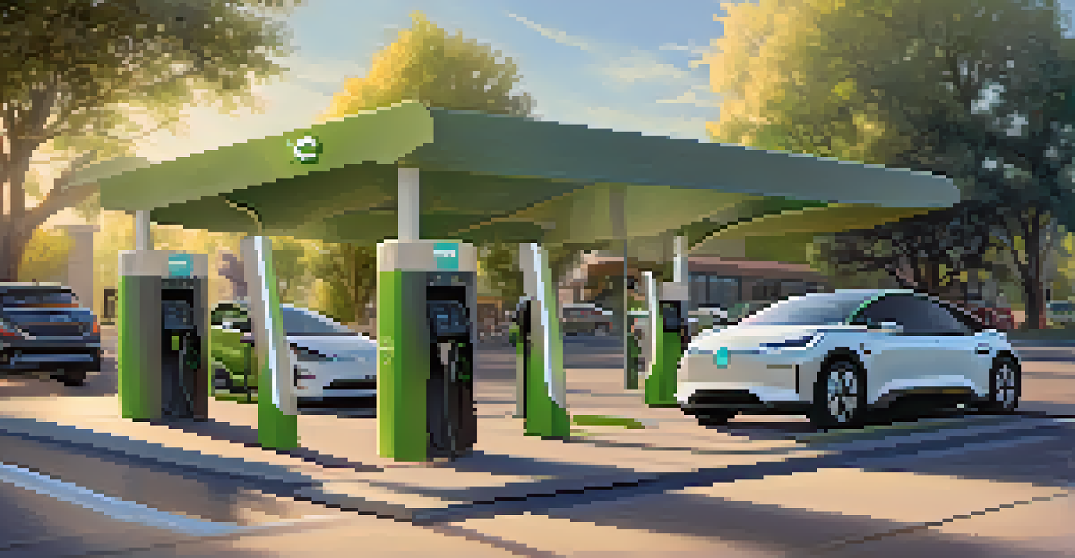 An electric vehicle charging station in Boulder surrounded by plants and local shops, with electric cars charging in the evening light.