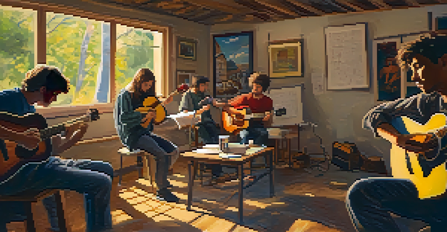 A small group of people participating in a songwriting workshop at Boulder’s Summer Music Festival, with musical instruments and a whiteboard in a cozy, well-lit setting.