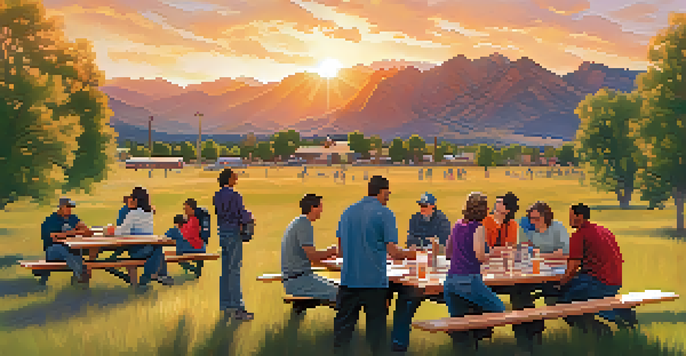 A sunset view of the Flatirons mountains in Boulder with community members participating in a disaster preparedness workshop, discussing plans with maps and emergency kits.