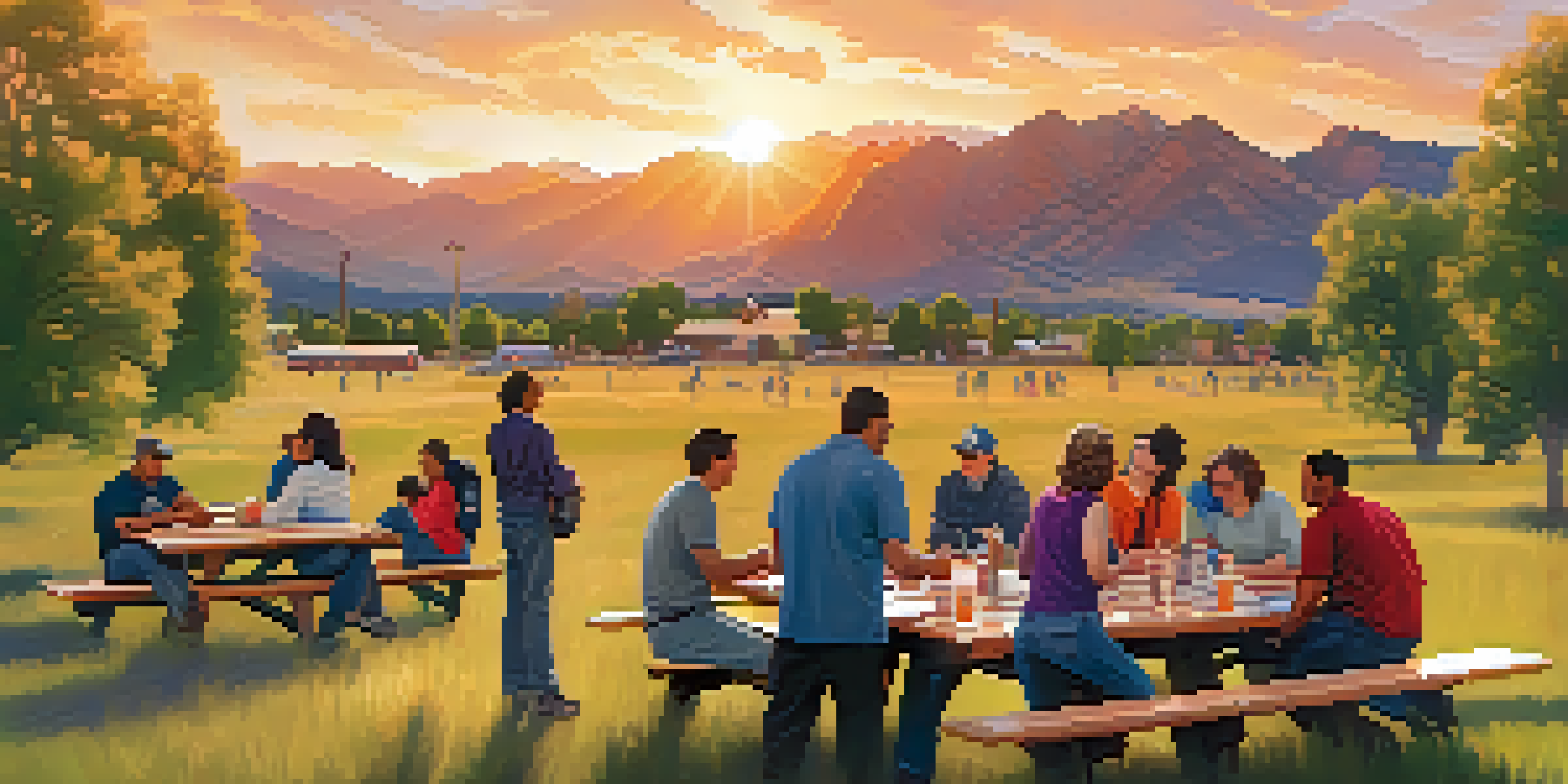 A sunset view of the Flatirons mountains in Boulder with community members participating in a disaster preparedness workshop, discussing plans with maps and emergency kits.