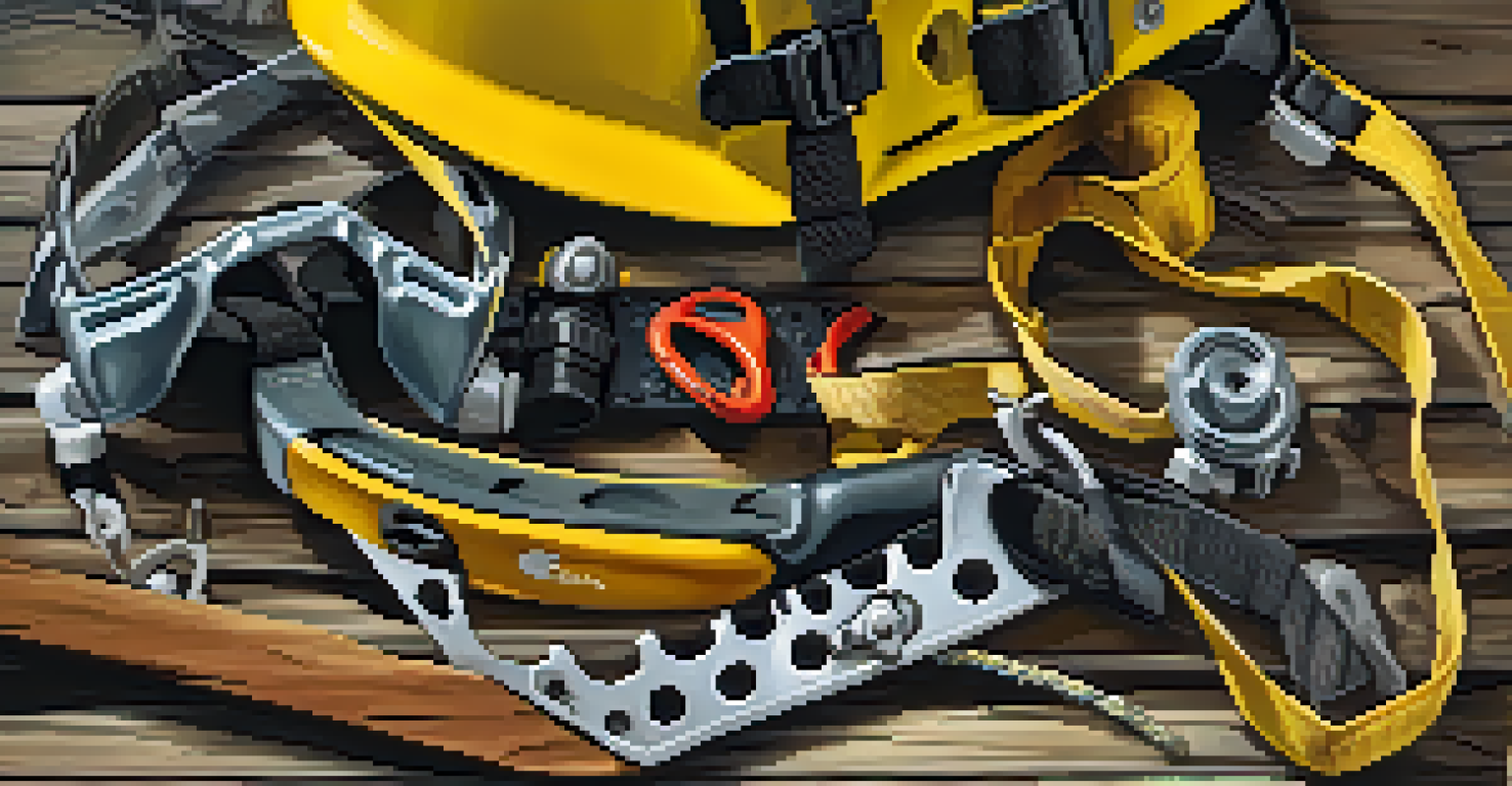 Essential ice climbing gear displayed on a wooden surface, including ice axes, crampons, a harness, and a helmet.