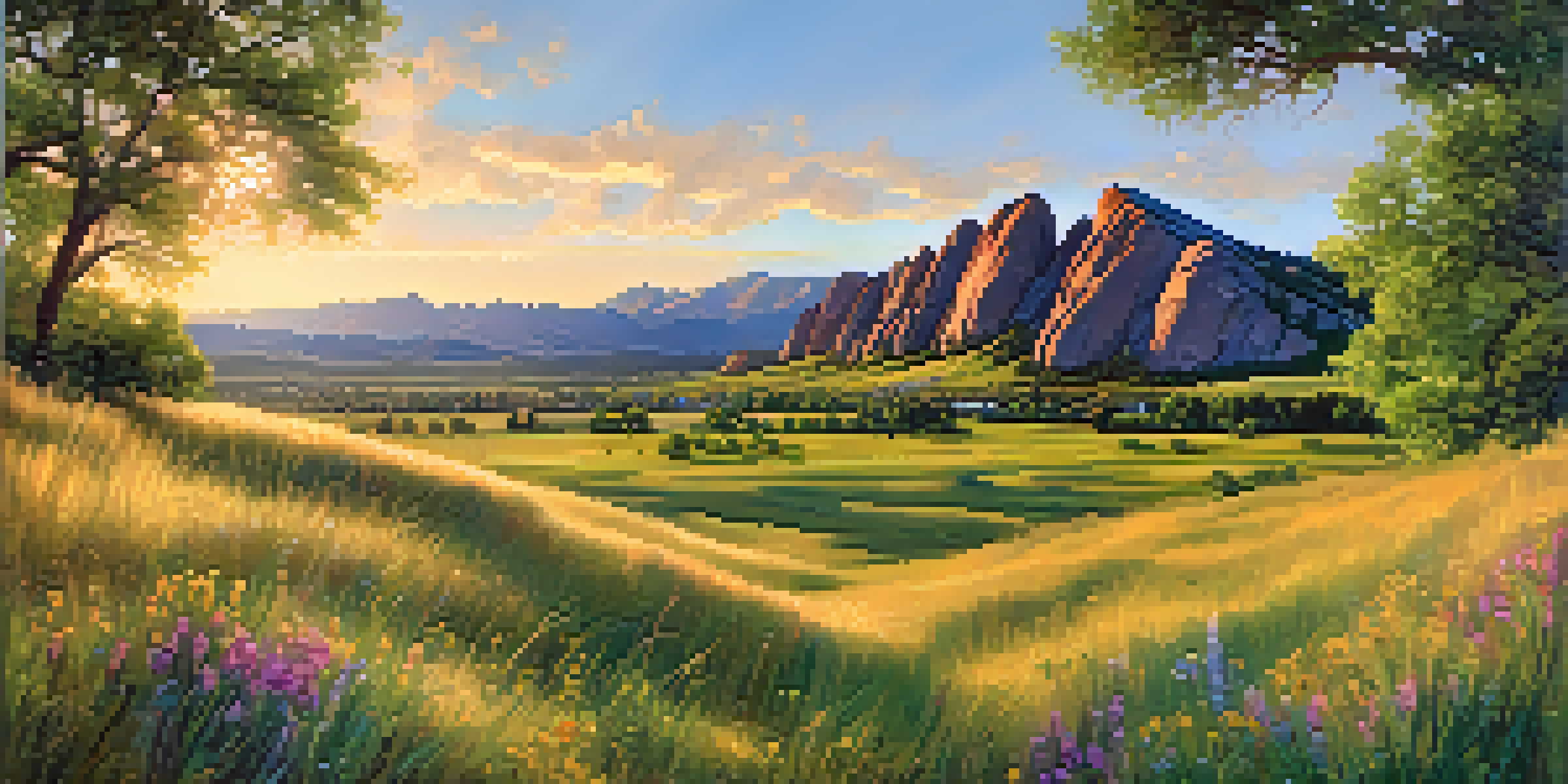 A panoramic view of Boulder, Colorado, with the Flatirons in the background and wildflowers in the foreground.