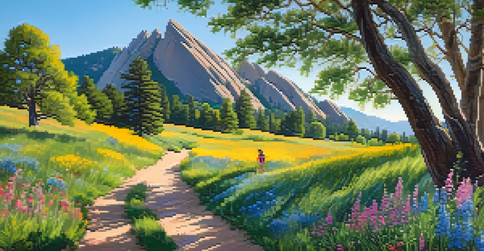 A family hiking on the Flatirons Trail with wildflowers and majestic mountains in the background.