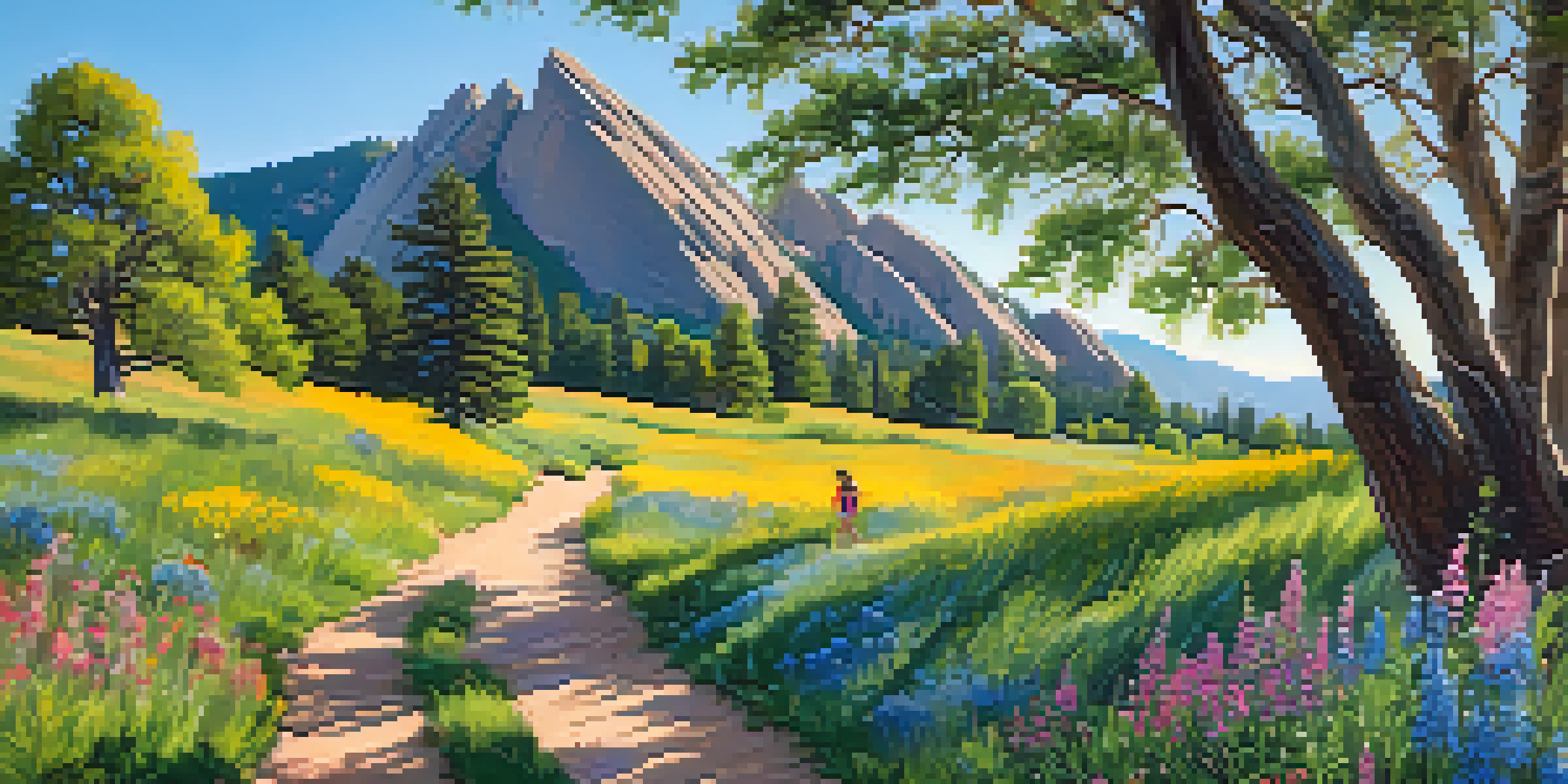 A family hiking on the Flatirons Trail with wildflowers and majestic mountains in the background.
