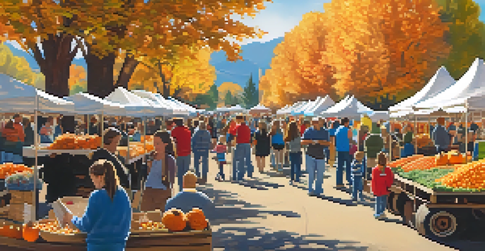 A lively outdoor festival with colorful booths and families enjoying various activities in an autumn setting.