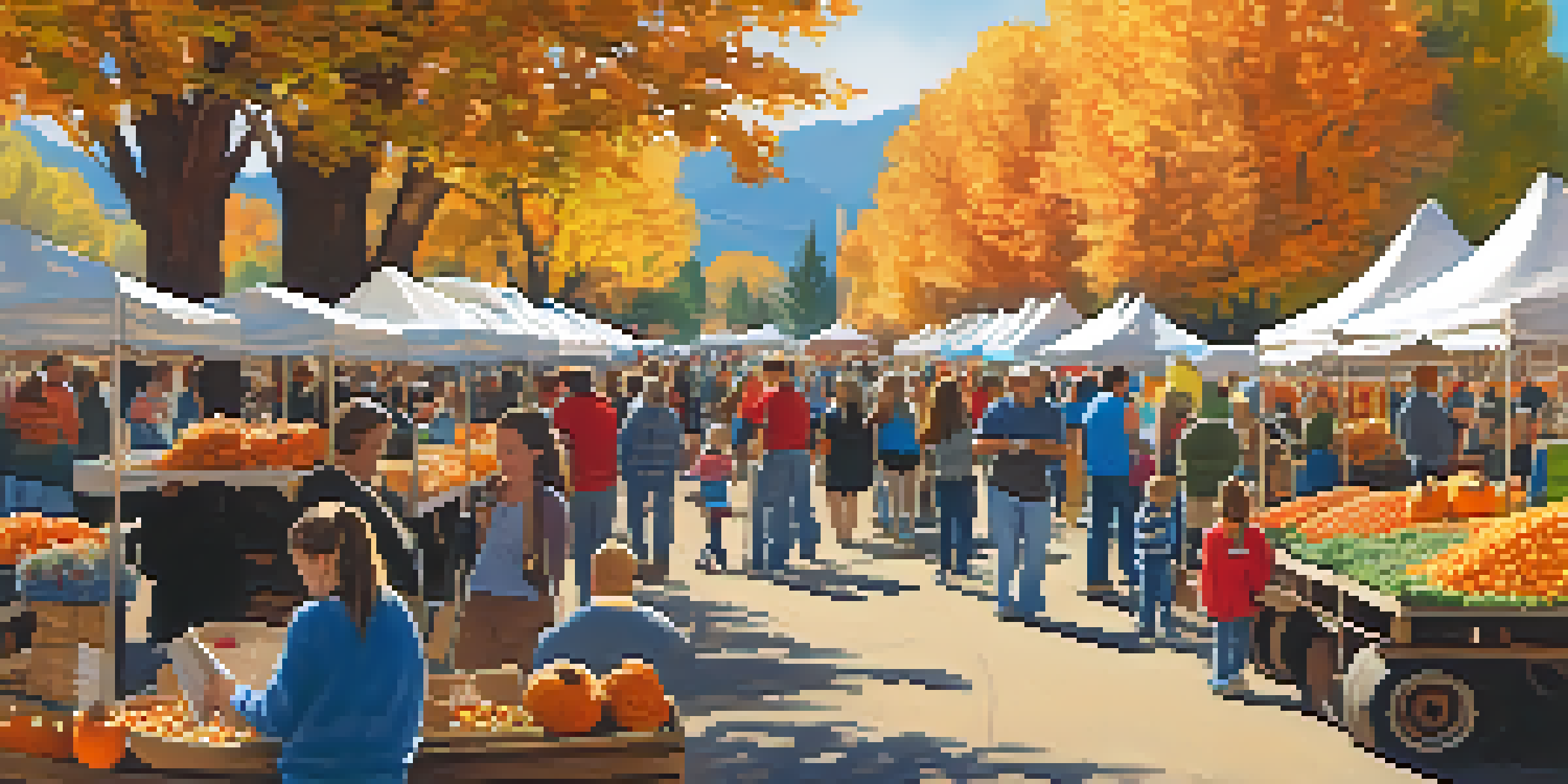 A lively outdoor festival with colorful booths and families enjoying various activities in an autumn setting.