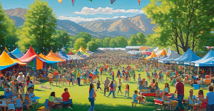 A lively outdoor festival in Boulder with families, colorful tents, and music in a sunny park.