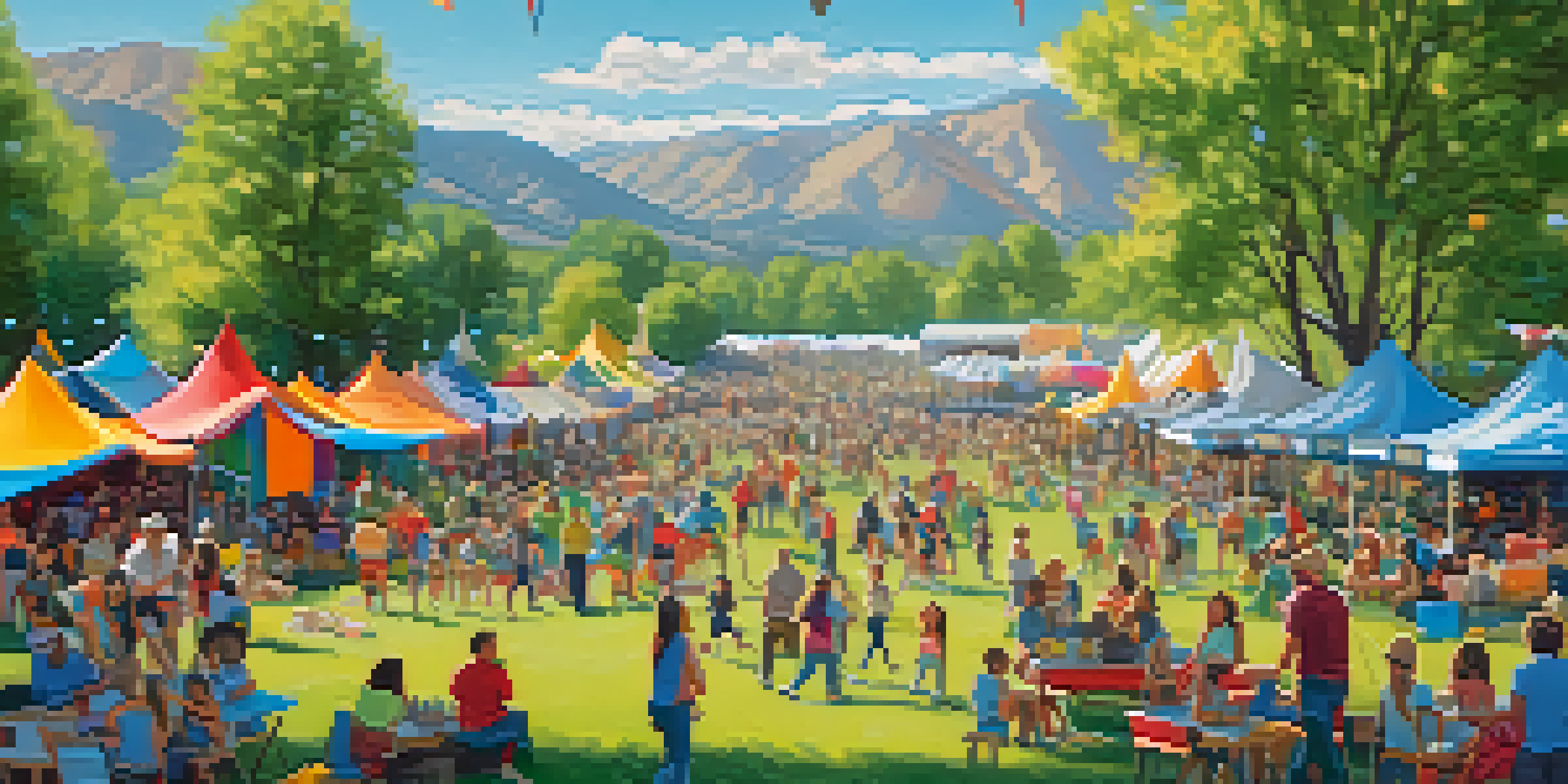 A lively outdoor festival in Boulder with families, colorful tents, and music in a sunny park.