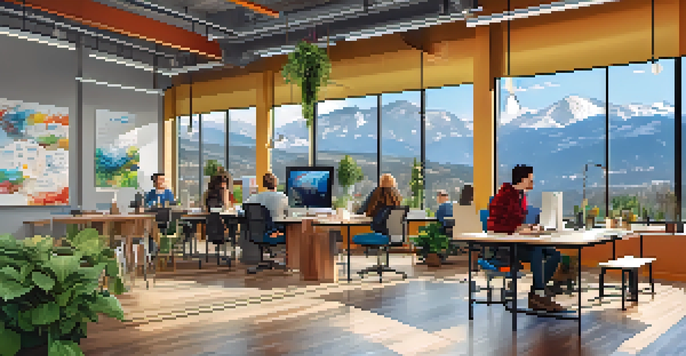 A busy co-working space in Boulder with entrepreneurs discussing around modern desks and beautiful mountain views outside.