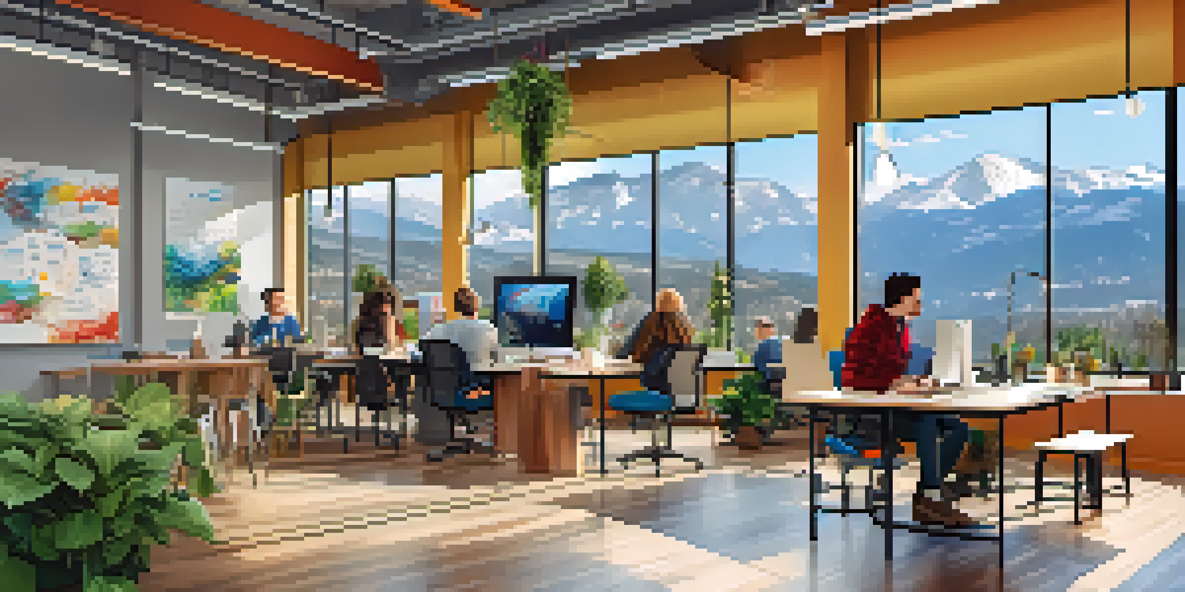 A busy co-working space in Boulder with entrepreneurs discussing around modern desks and beautiful mountain views outside.