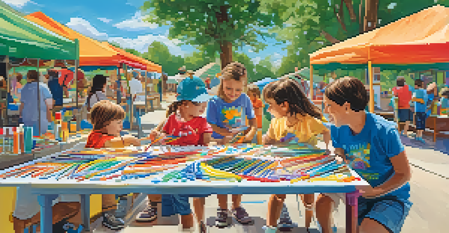 Children and parents engaging in arts and crafts at Boulder's Family Fun Day, with colorful supplies and a bright blue sky overhead.