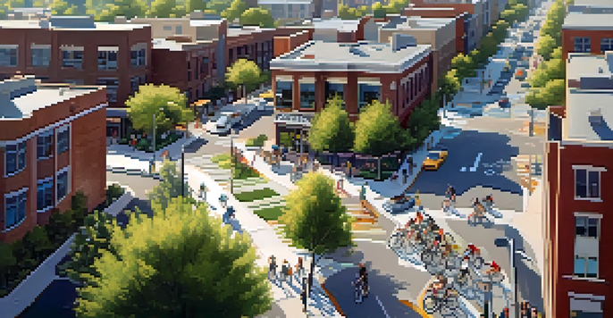An aerial perspective of a Boulder neighborhood with cyclists on bike lanes and a bike-sharing station, showcasing a lively urban environment.