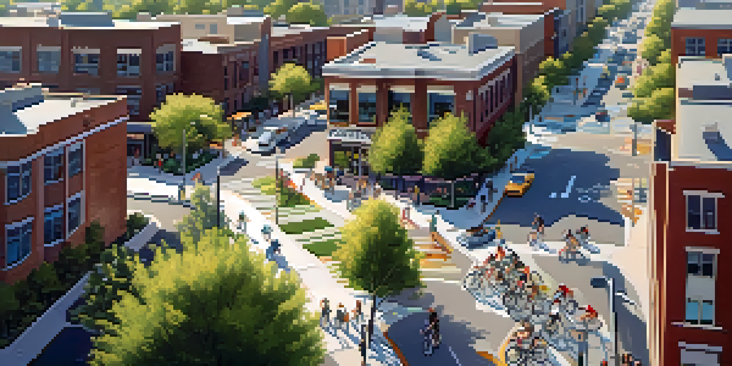 An aerial perspective of a Boulder neighborhood with cyclists on bike lanes and a bike-sharing station, showcasing a lively urban environment.