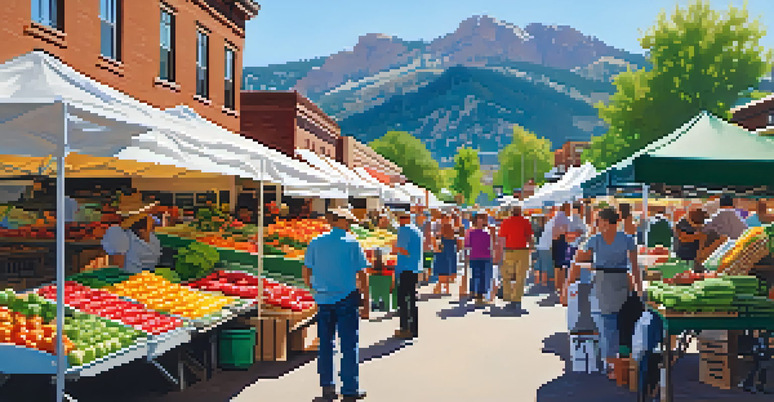 A busy farmer's market with stalls of fresh produce and colorful flowers, set in a picturesque Boulder location.