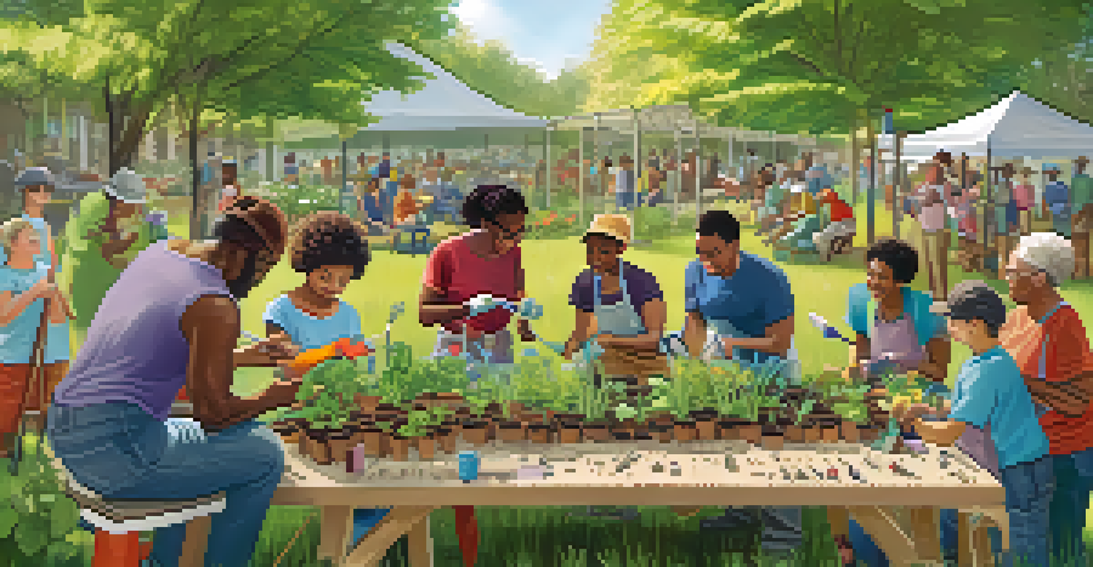 A diverse group of people participating in a gardening workshop outdoors, surrounded by tools and seeds, with a colorful event banner.