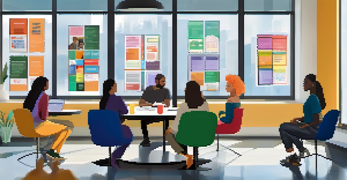 A diverse group of people in a conference room discussing mental health research, surrounded by bright light and colorful posters.