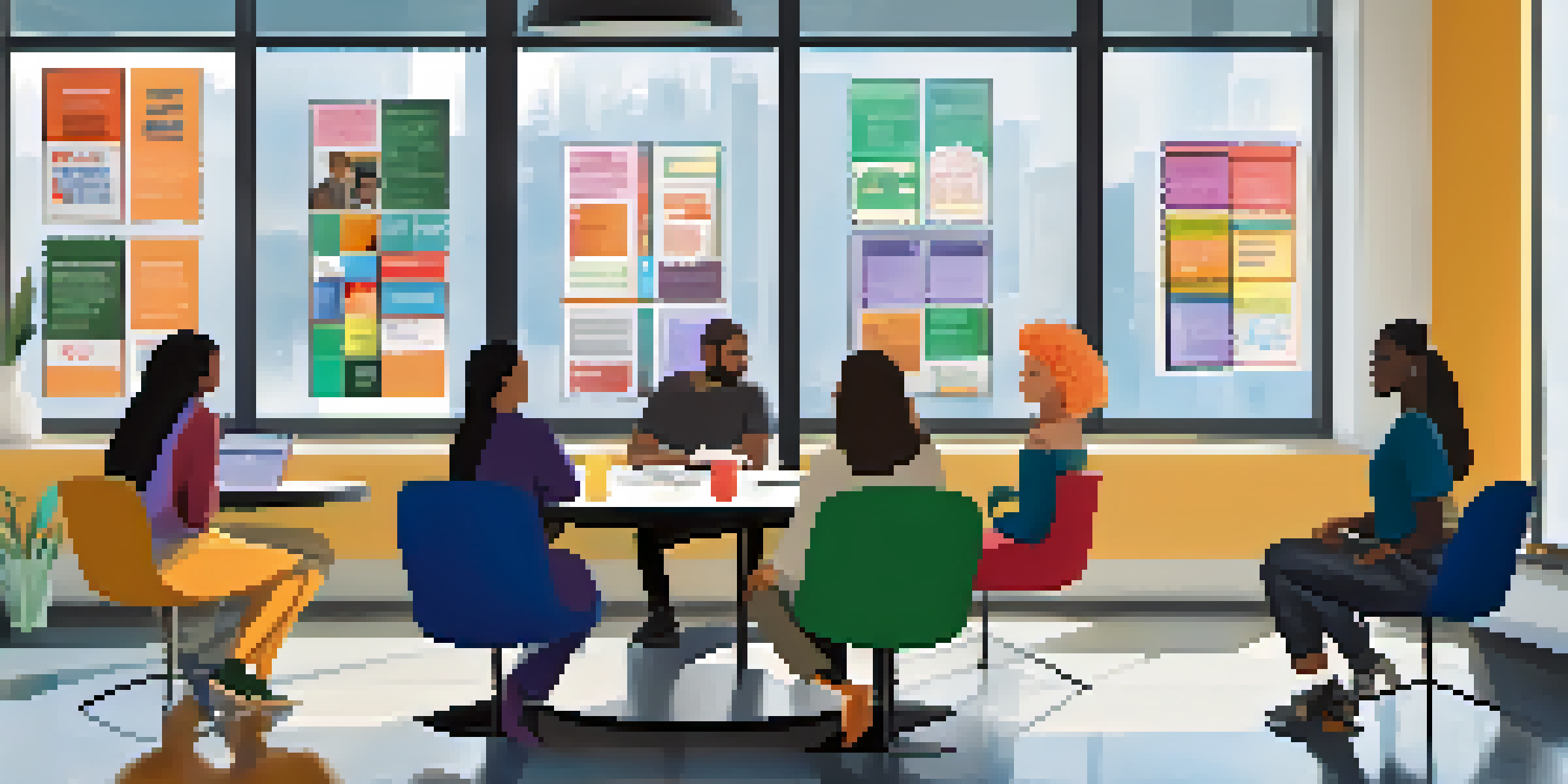 A diverse group of people in a conference room discussing mental health research, surrounded by bright light and colorful posters.