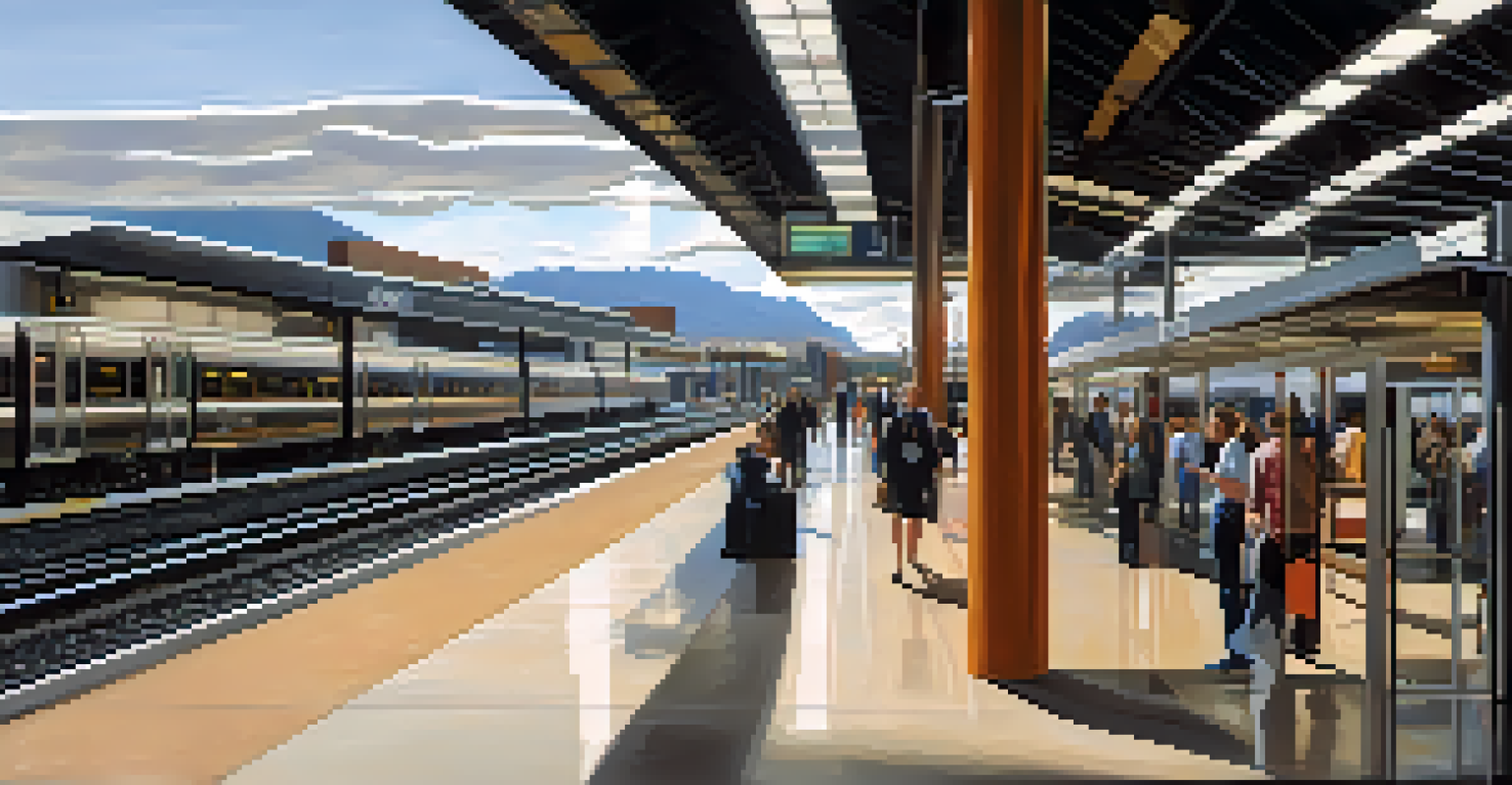 A modern train station on the Denver-Boulder Line with passengers and digital displays.