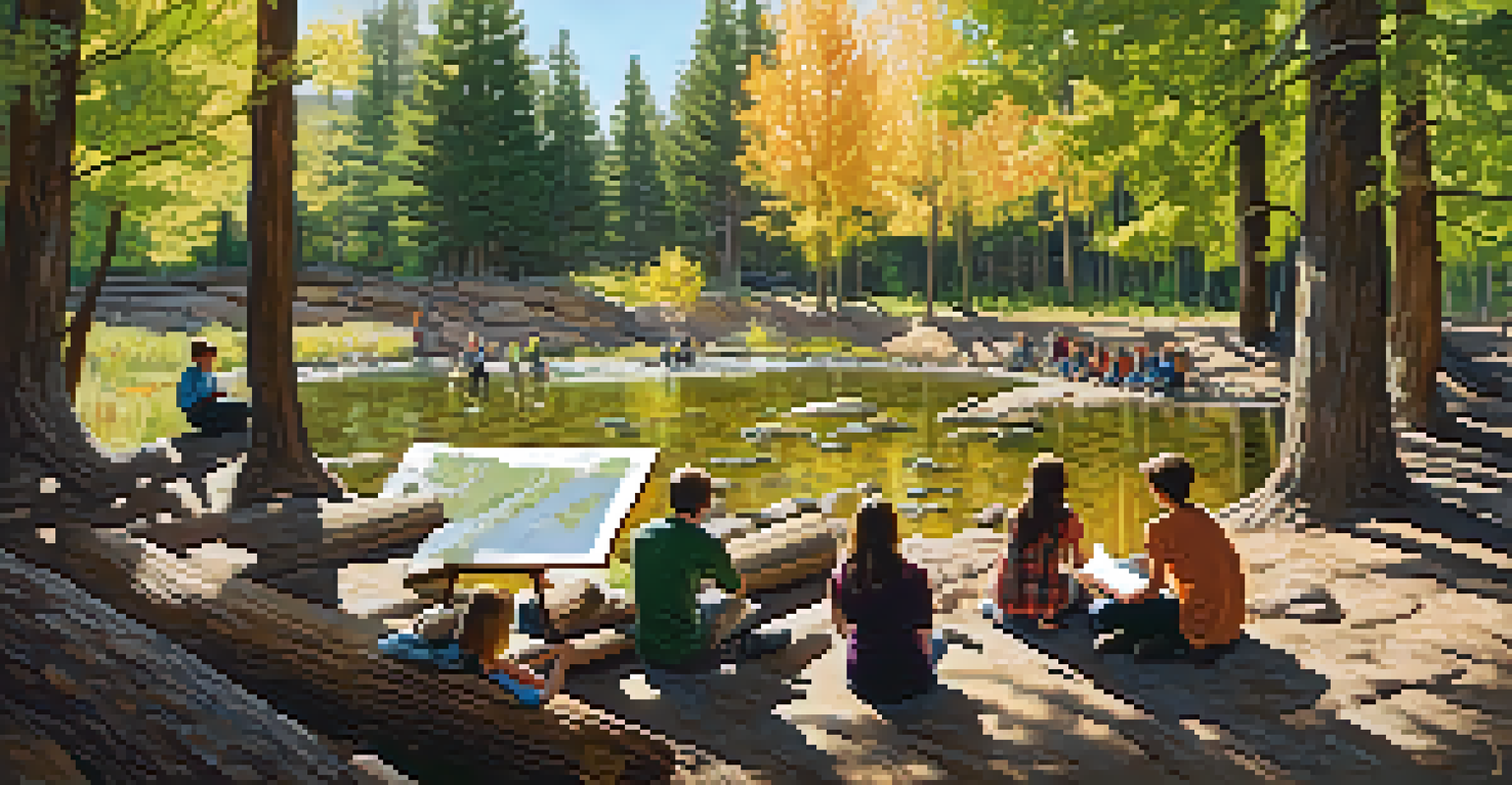 Students learning about ecology in an outdoor classroom with trees and a stream.