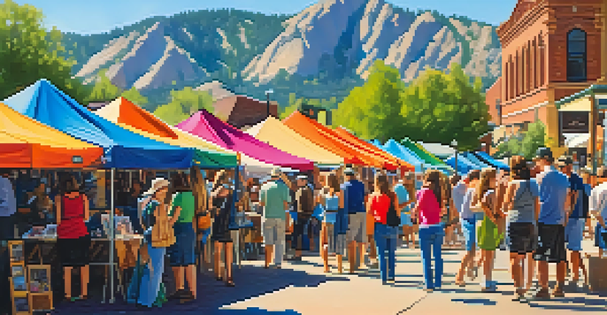 An outdoor art market in Boulder with colorful tents and local artists interacting with visitors against a backdrop of the Flatirons and a clear blue sky.