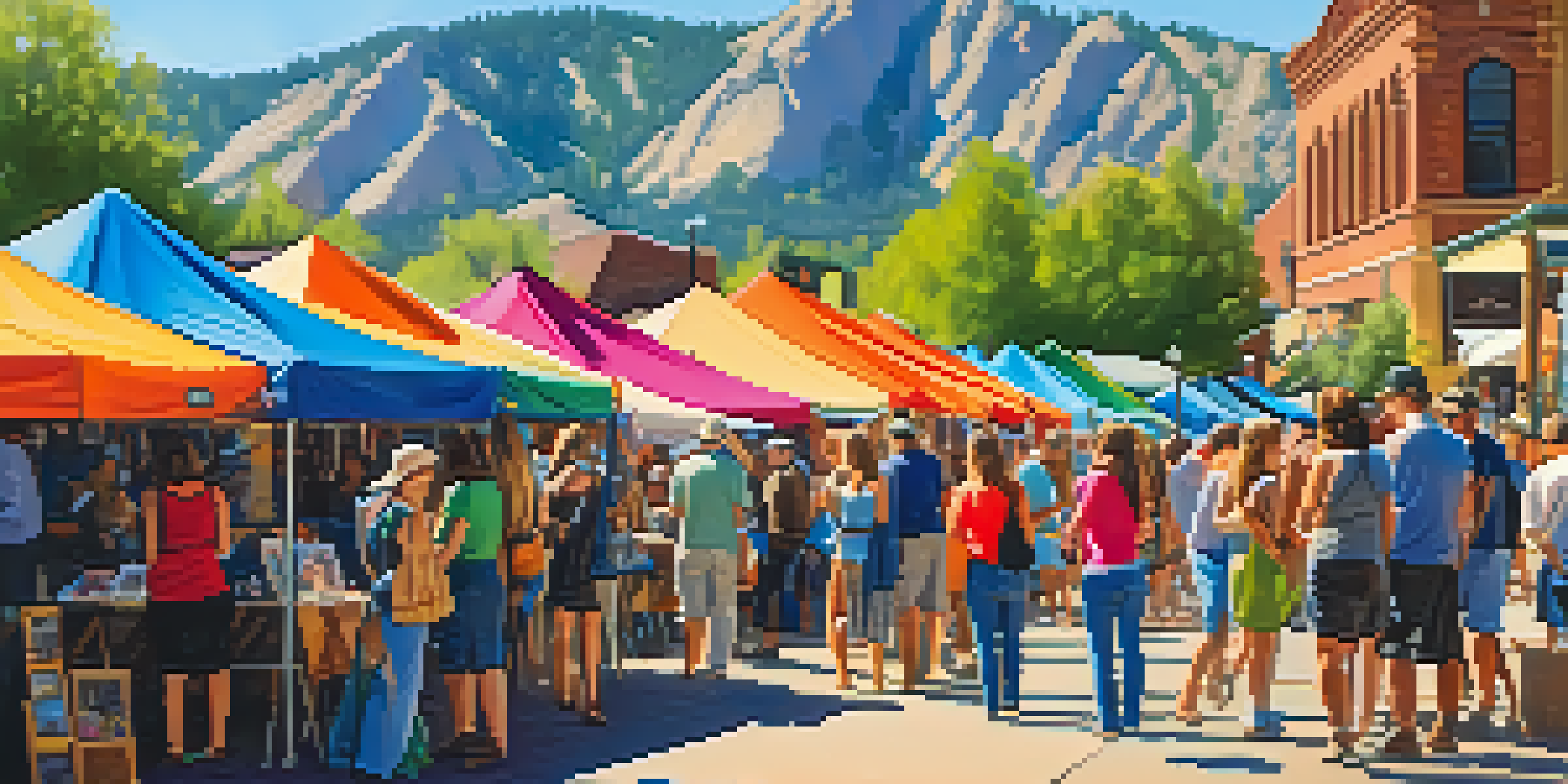 An outdoor art market in Boulder with colorful tents and local artists interacting with visitors against a backdrop of the Flatirons and a clear blue sky.