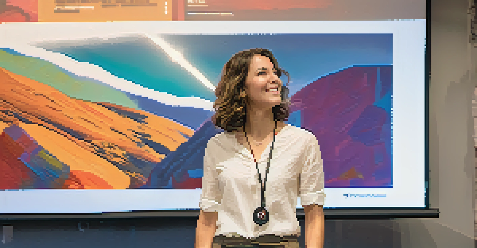 A startup founder presenting her tech product at a networking event in Boulder with an engaged audience.