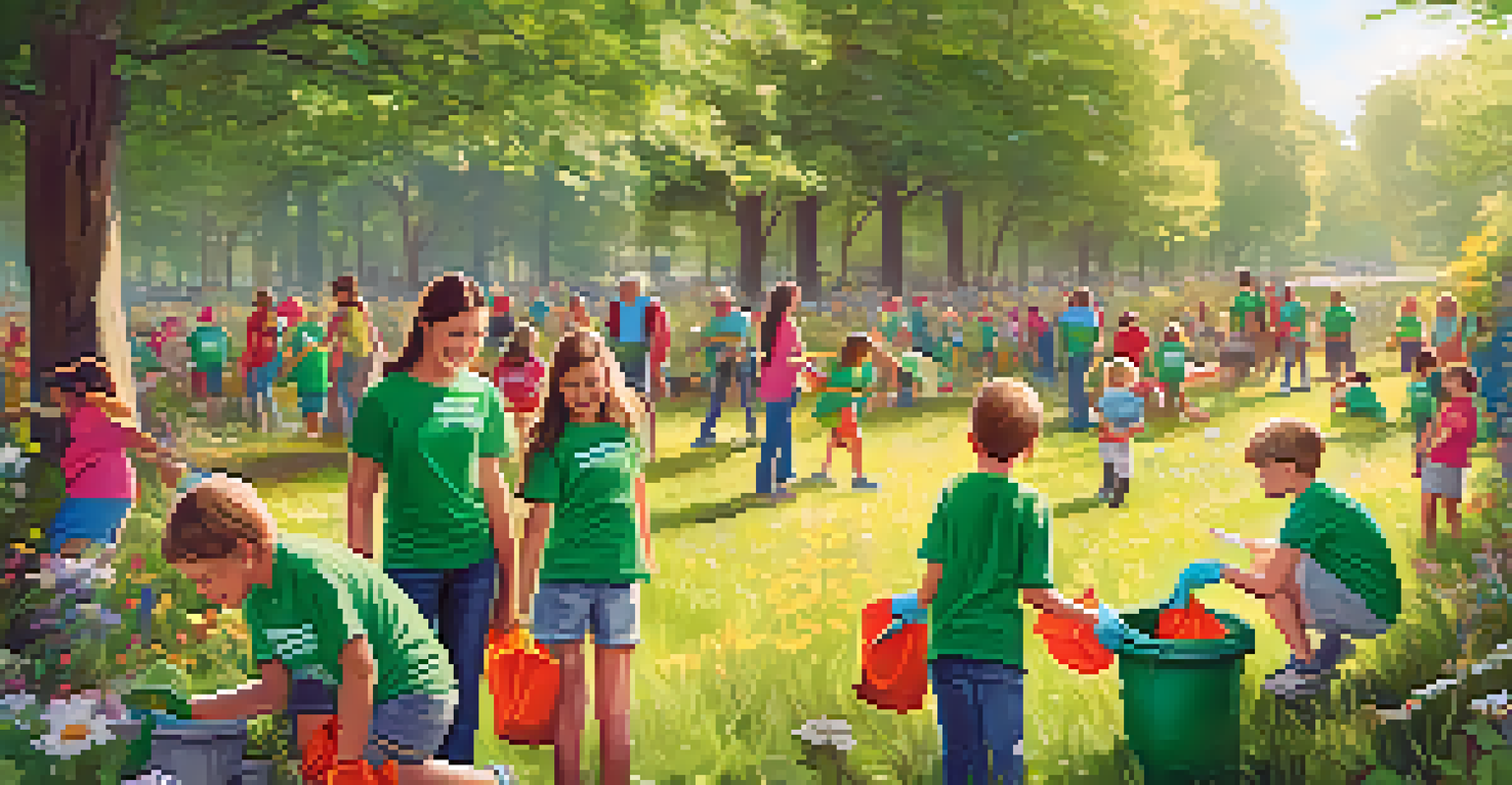 Families and children participating in a community cleanup event in a vibrant park, working together to pick up litter.