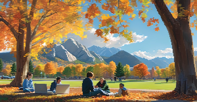 A busy campus scene at CU Boulder in autumn, with students collaborating outdoors amidst colorful foliage and the Flatirons mountains in the background.