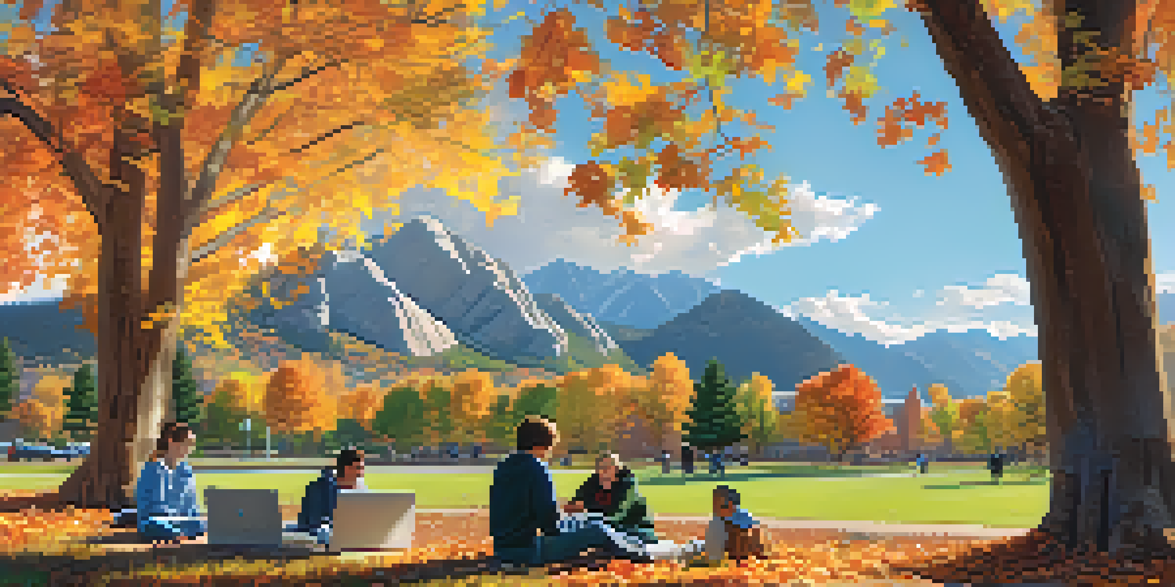 A busy campus scene at CU Boulder in autumn, with students collaborating outdoors amidst colorful foliage and the Flatirons mountains in the background.