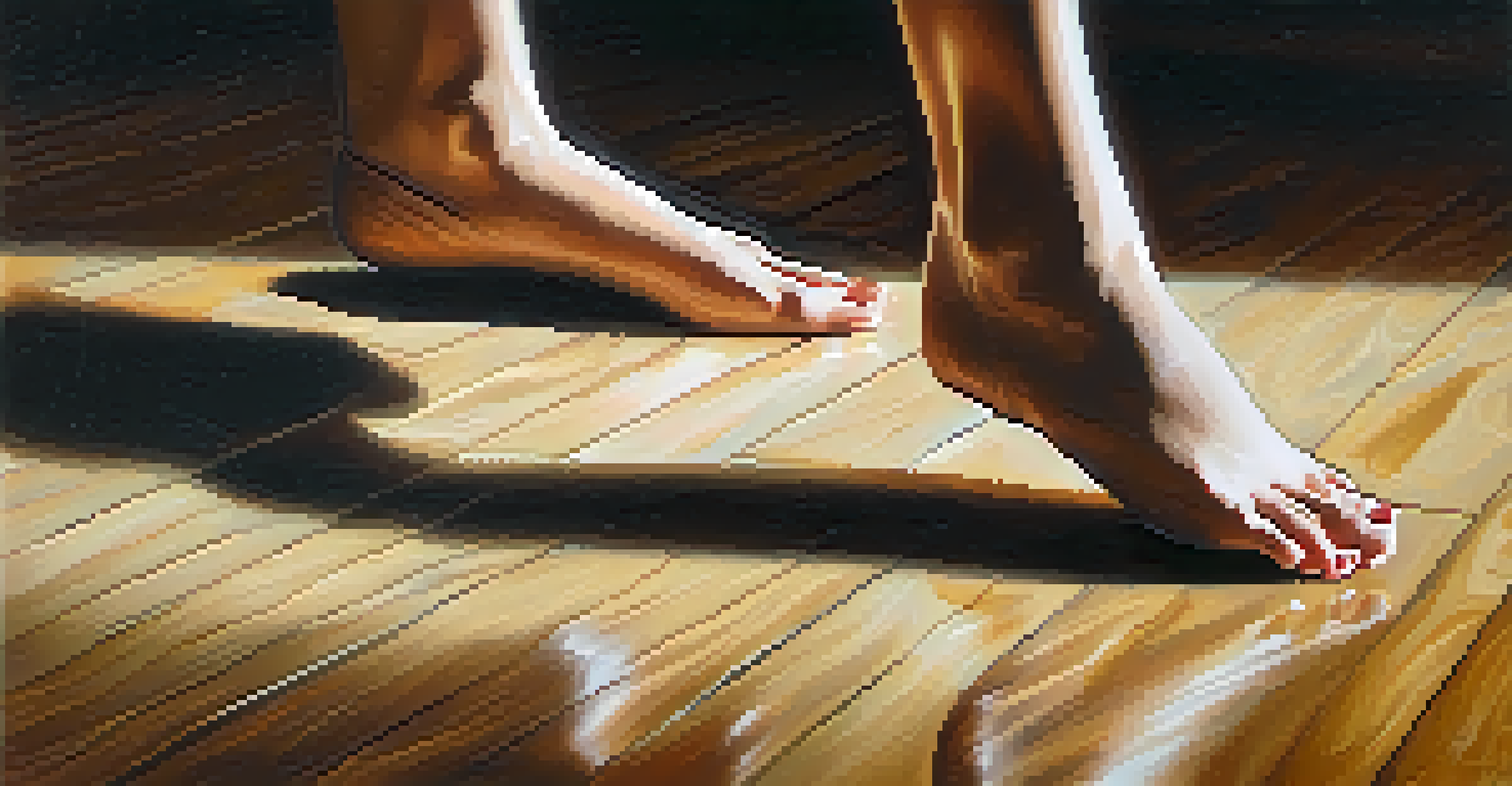 A close-up of a dancer's feet in ballet shoes captured in motion on a polished wooden floor, with warm lighting emphasizing the texture.