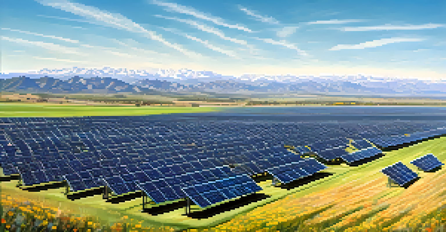 An aerial view of a solar farm with solar panels and wind turbines, set against the backdrop of the Rocky Mountains.