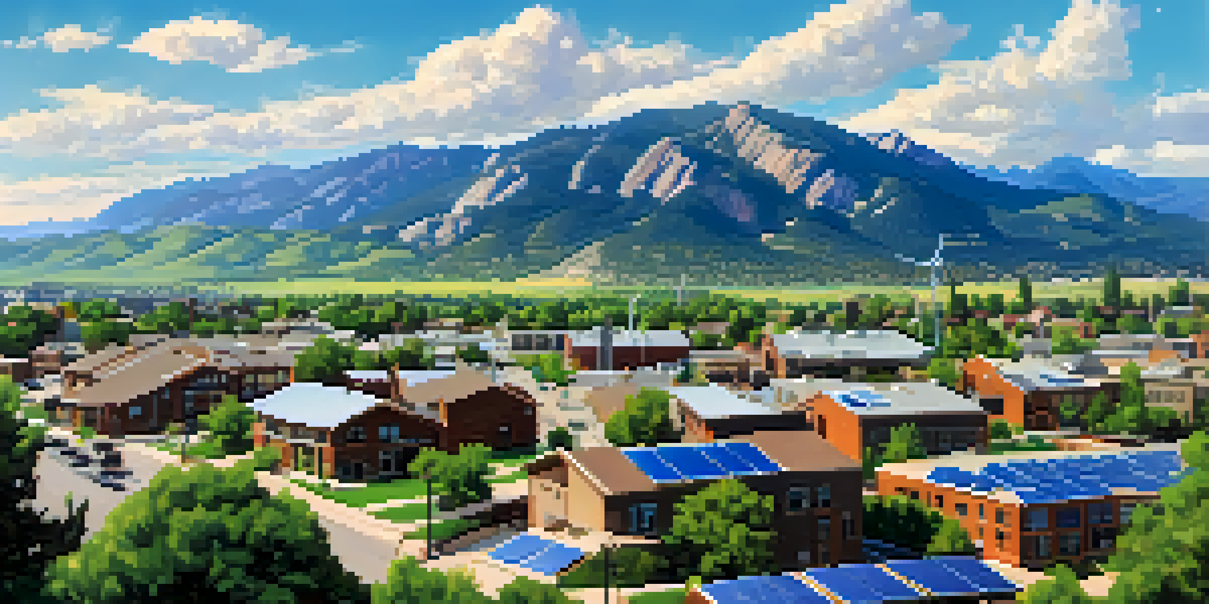 A scenic view of Boulder, Colorado, featuring solar panels, green parks, and the Flatirons mountains under a blue sky.
