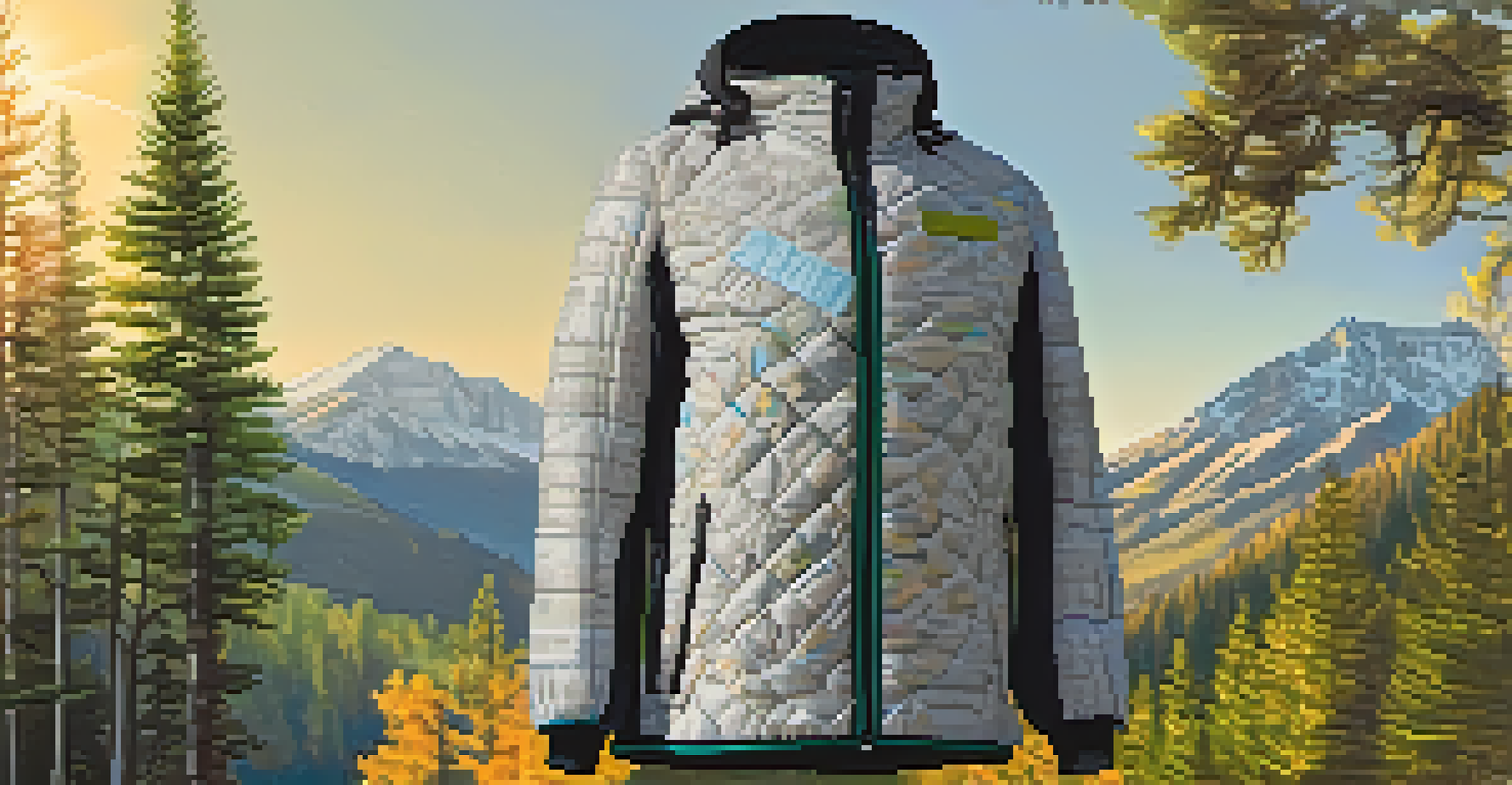 A close-up of a sustainable jacket made from recycled materials, set against a backdrop of mountains and trees, highlighting its eco-friendly features.