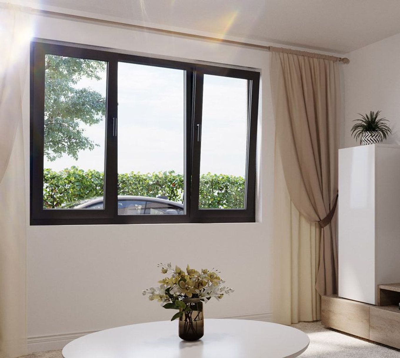 interior view of a black window in a white house