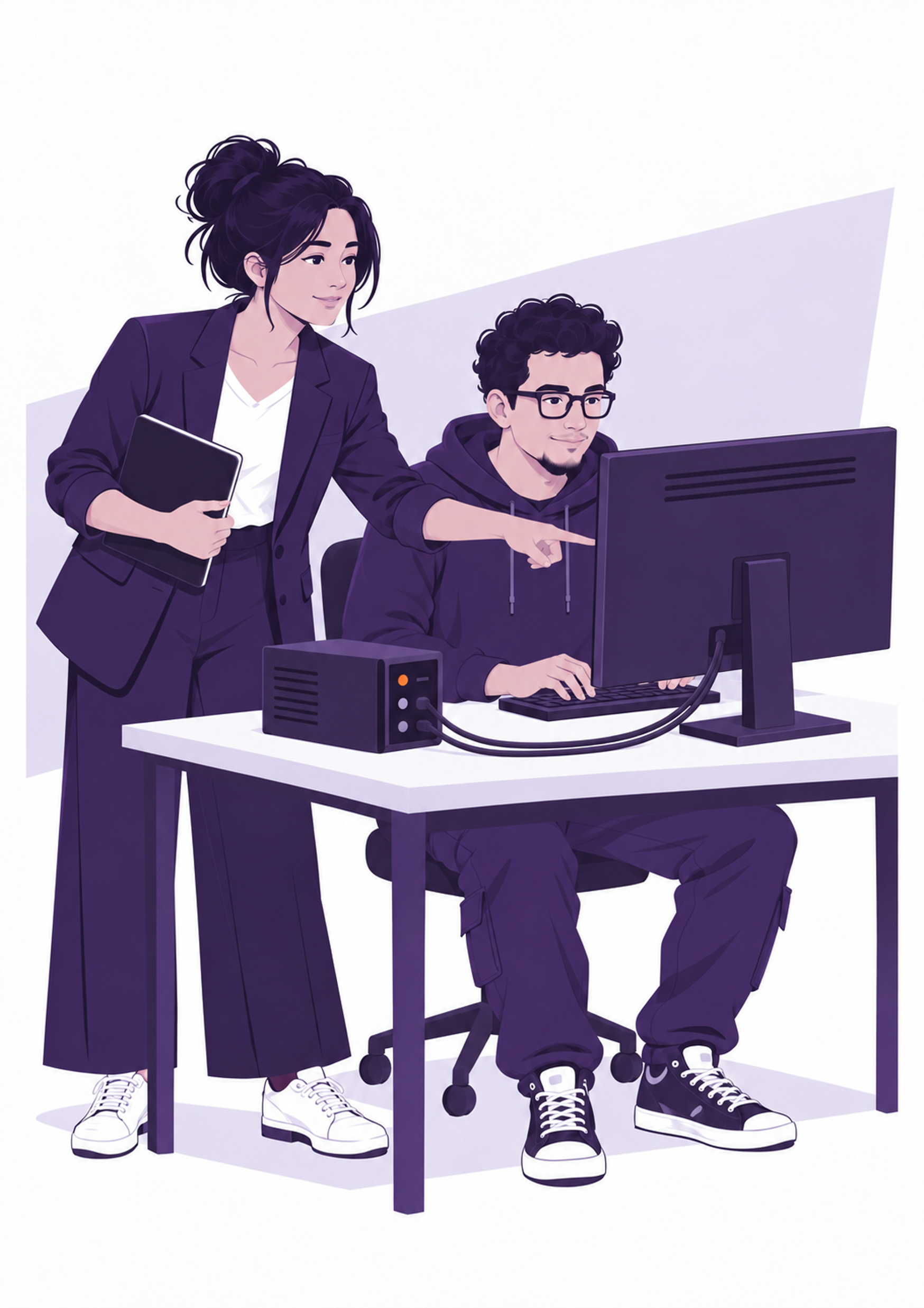 Die opvoeder lei die tegniese leerder by 'n Nodus-rekenaar, met die monitor na hulle gerig en die agterkant van die monitor se omhulsel sigbaar vir die kyker.