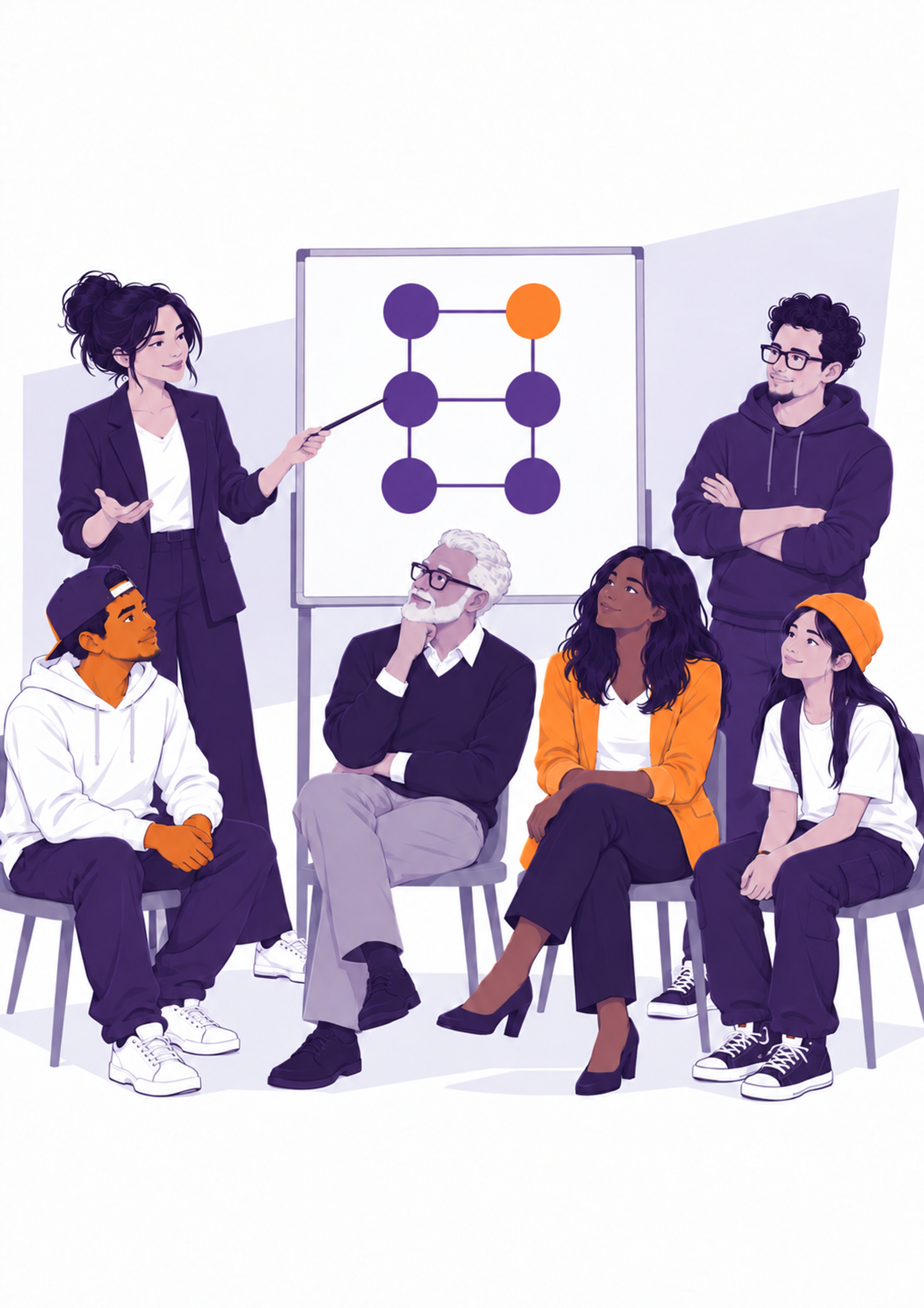 Underviseren forklarer seks indbyrdes forbundne peers på en whiteboardtavle for alle fem kursister, herunder den unge kursist med en orange strikhue.