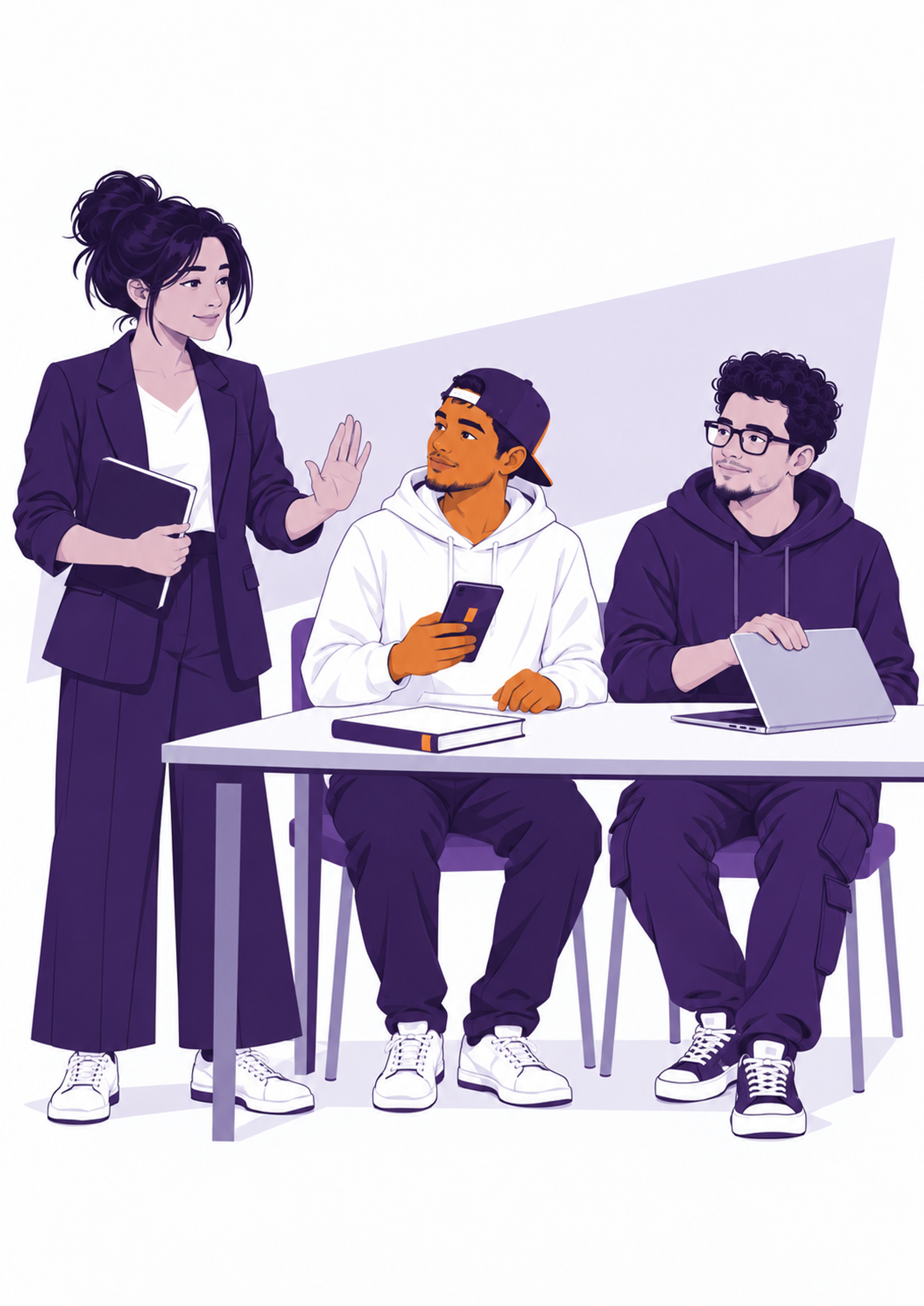 교육자가 손바닥을 펴 들어 활동을 멈추게 하고, 초보 학습자는 휴대폰을 내려놓고 기술에 익숙한 학습자는 노트북을 반쯤 닫고 있어요.