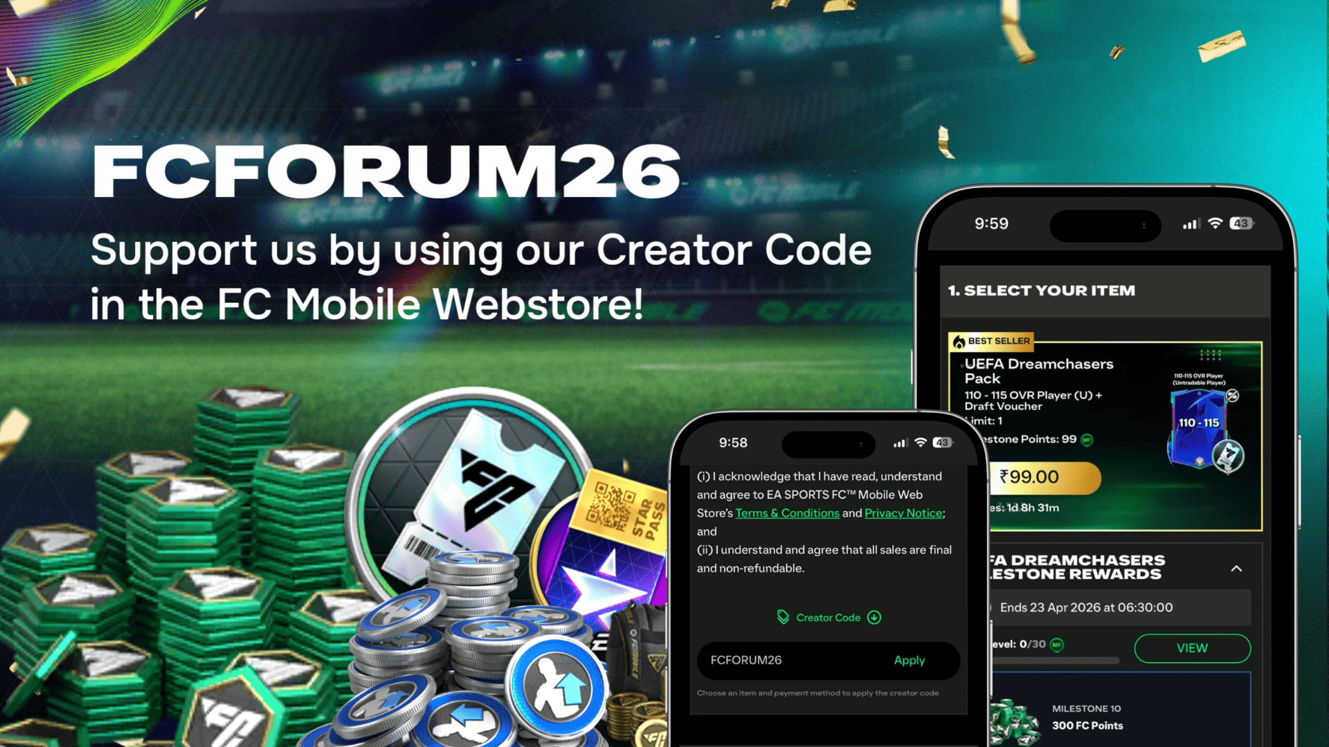 Support Our Work with Creator Code FCFORUM26 on the FC Mobile Webstore