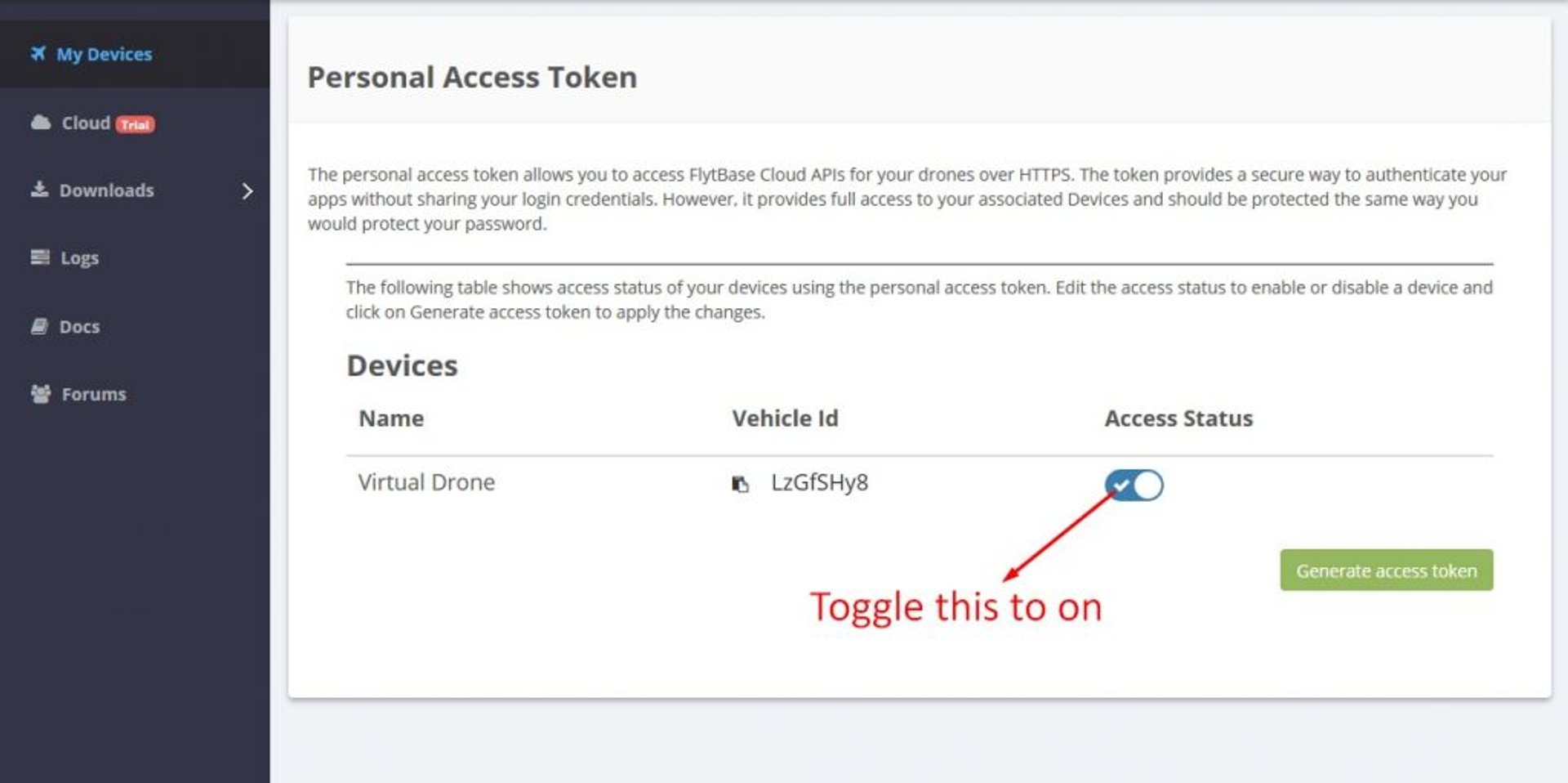 access status of a virtual drone
