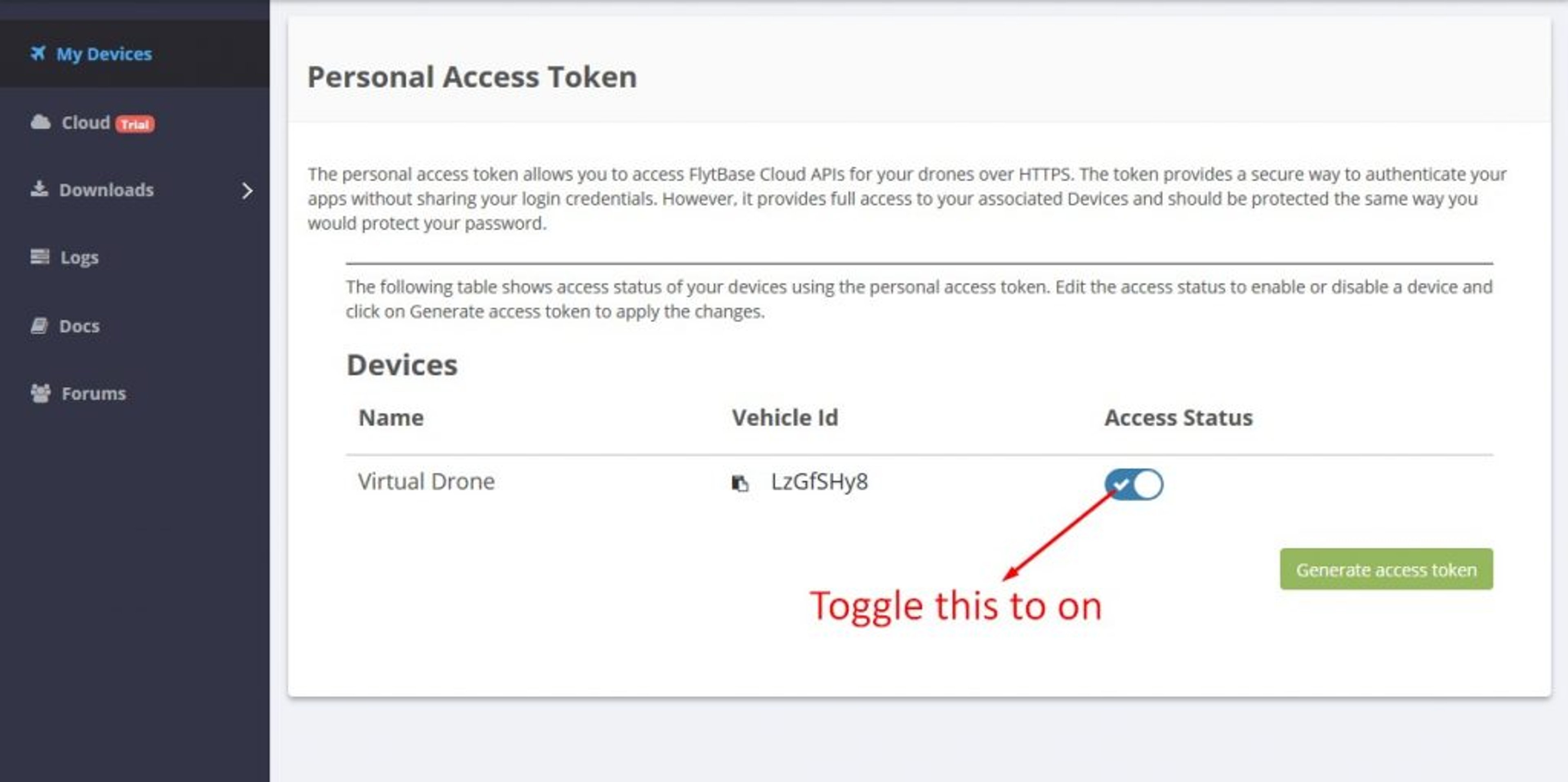 access status of a virtual drone