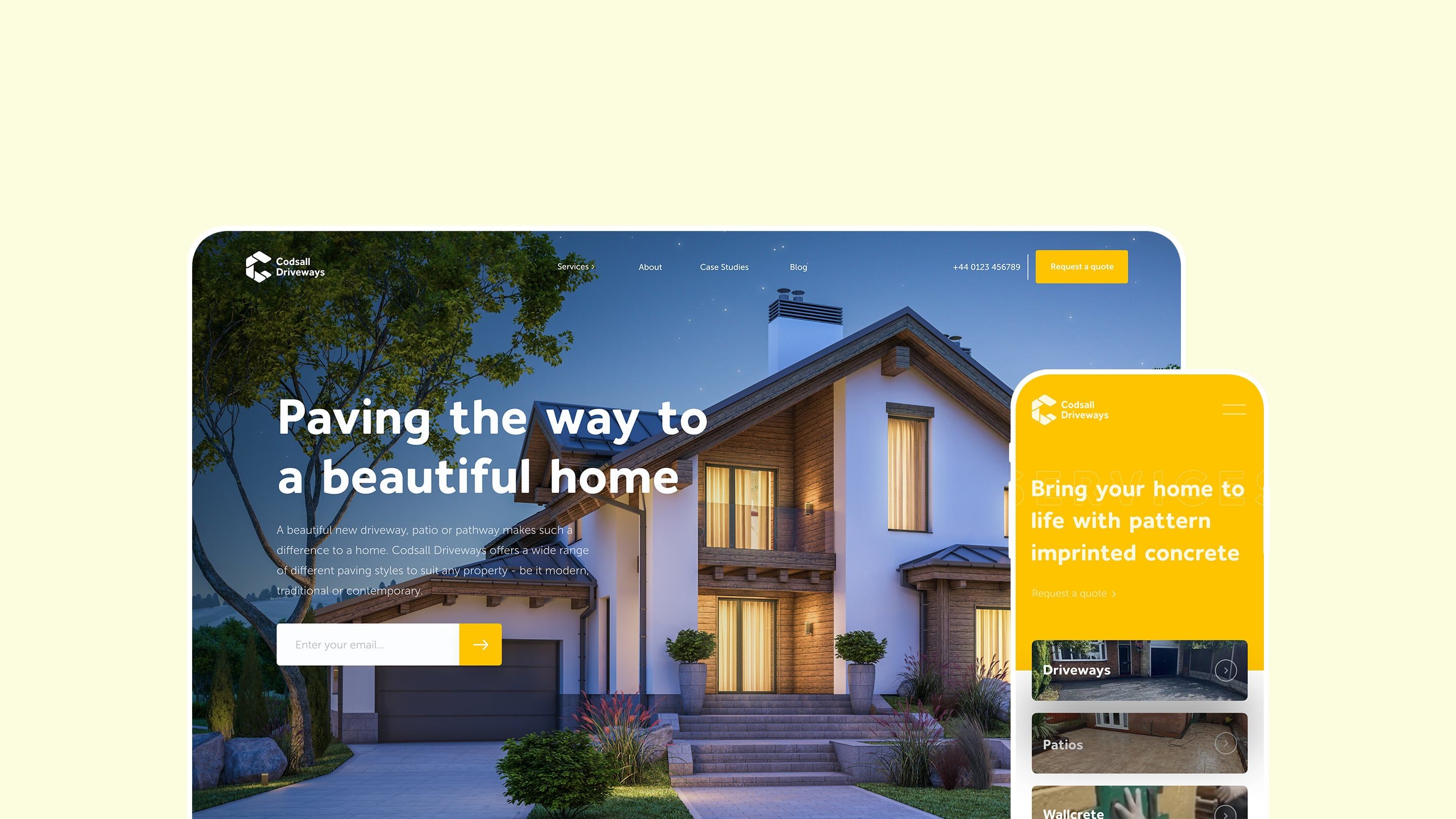 Desktop and mobile versions of the Codsall Driveways website hero section.