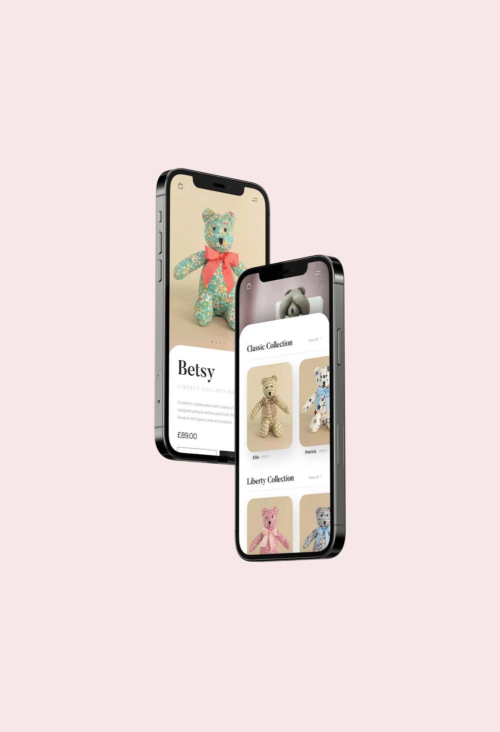 Two iPhone 12 Pro's with the Grin & Bear London mobile website.