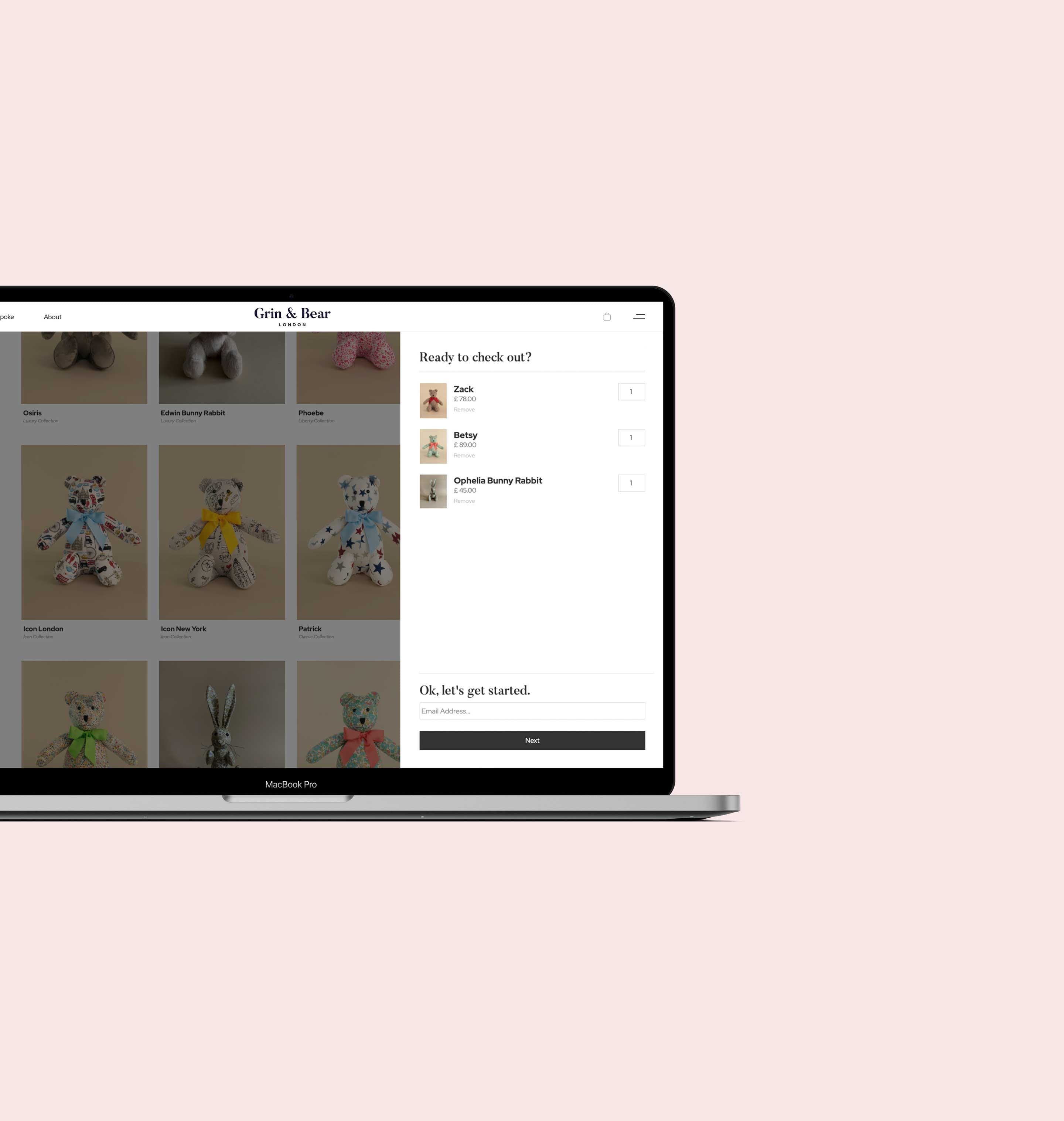 A MacBook Pro featuring the checkout screen from the Grin & Bear London website.