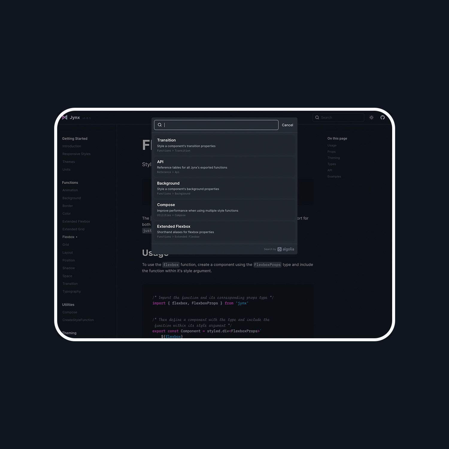 Jynx documentation site search functionality