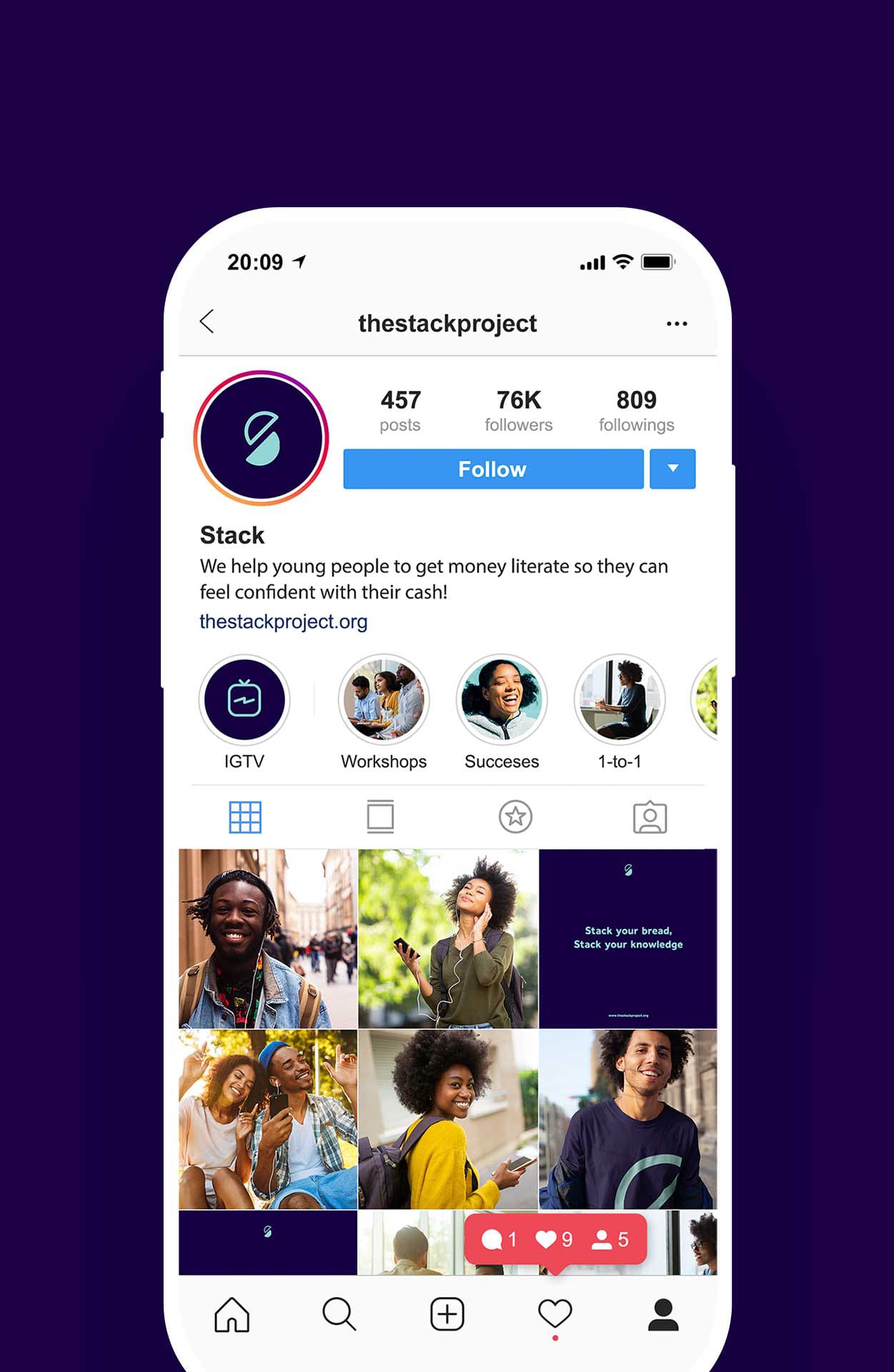 iPhone 12 showing branded Stack instagram account page.