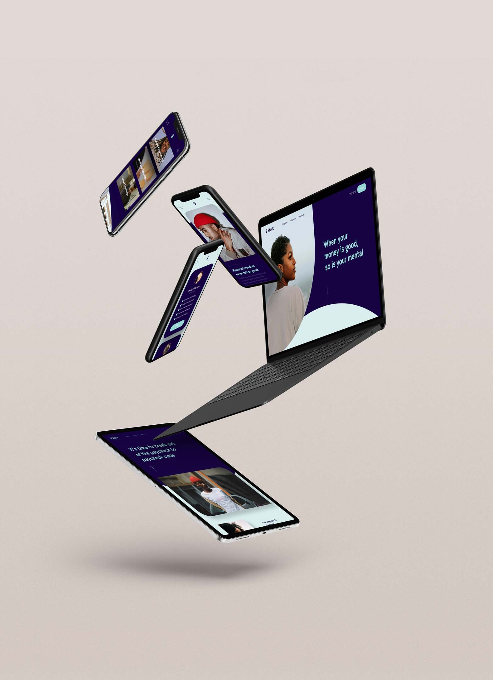 Floating devices with different optimised pages from the Stack website.