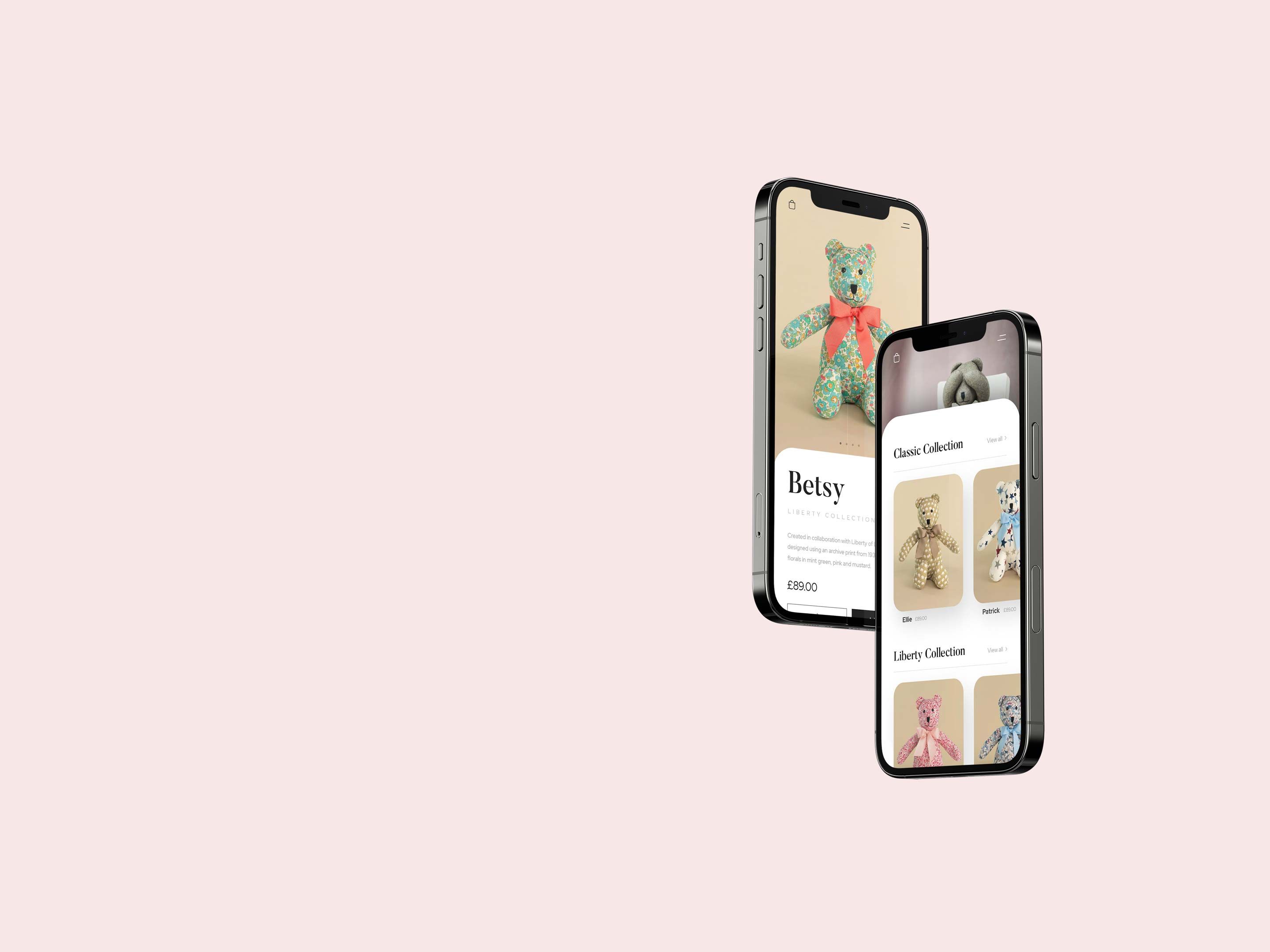 Two iPhone 12 Pro's with the Grin & Bear London mobile website.